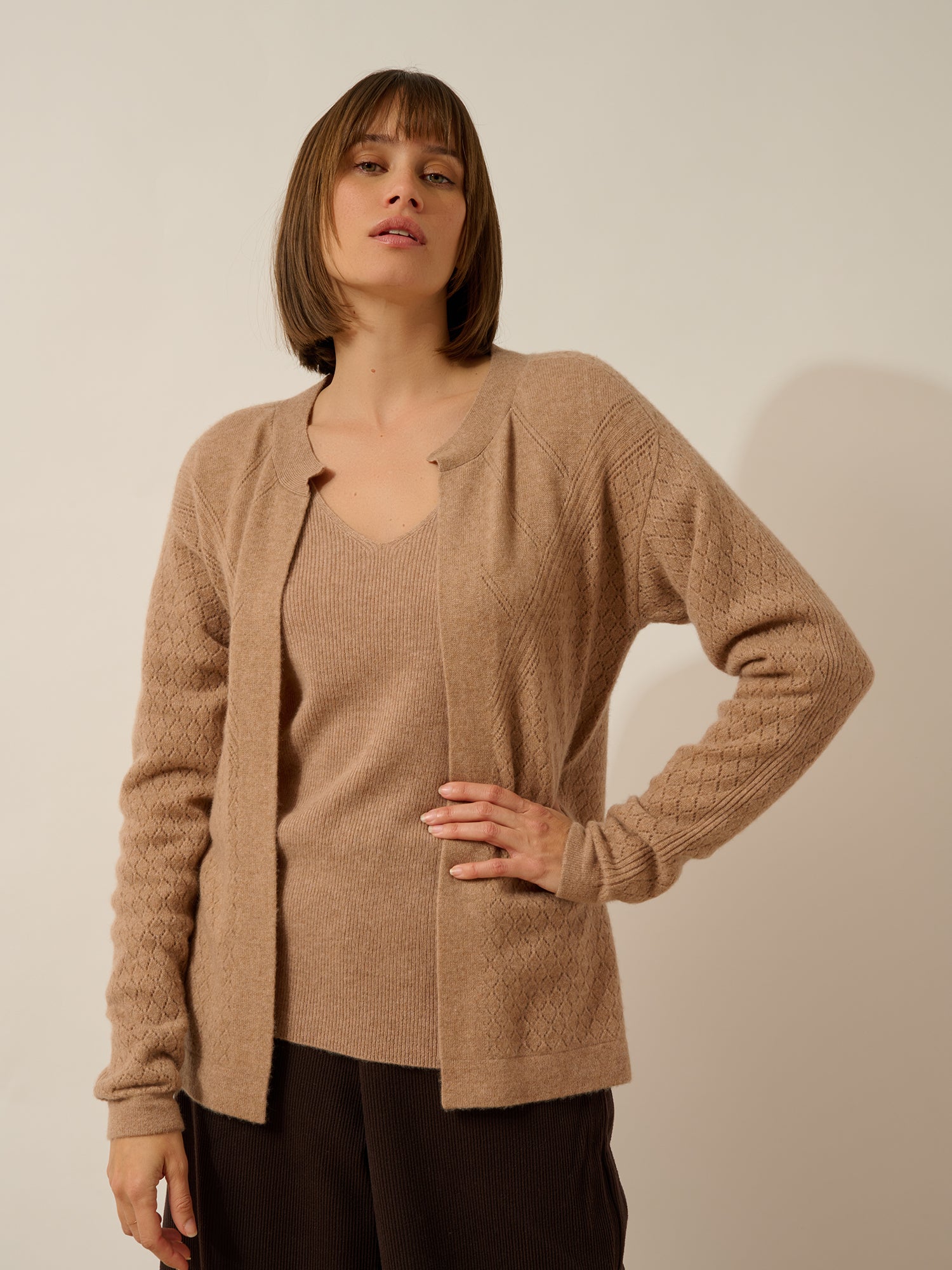MYA open cardigan with round neck in camel heather