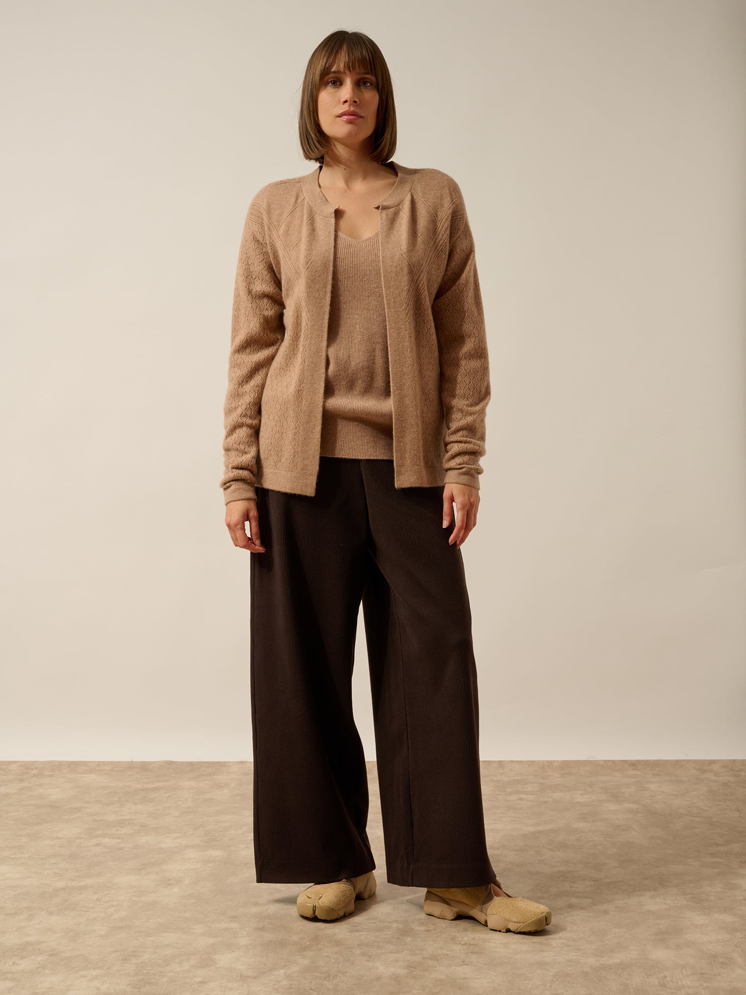 MYA open cardigan with round neck in camel heather