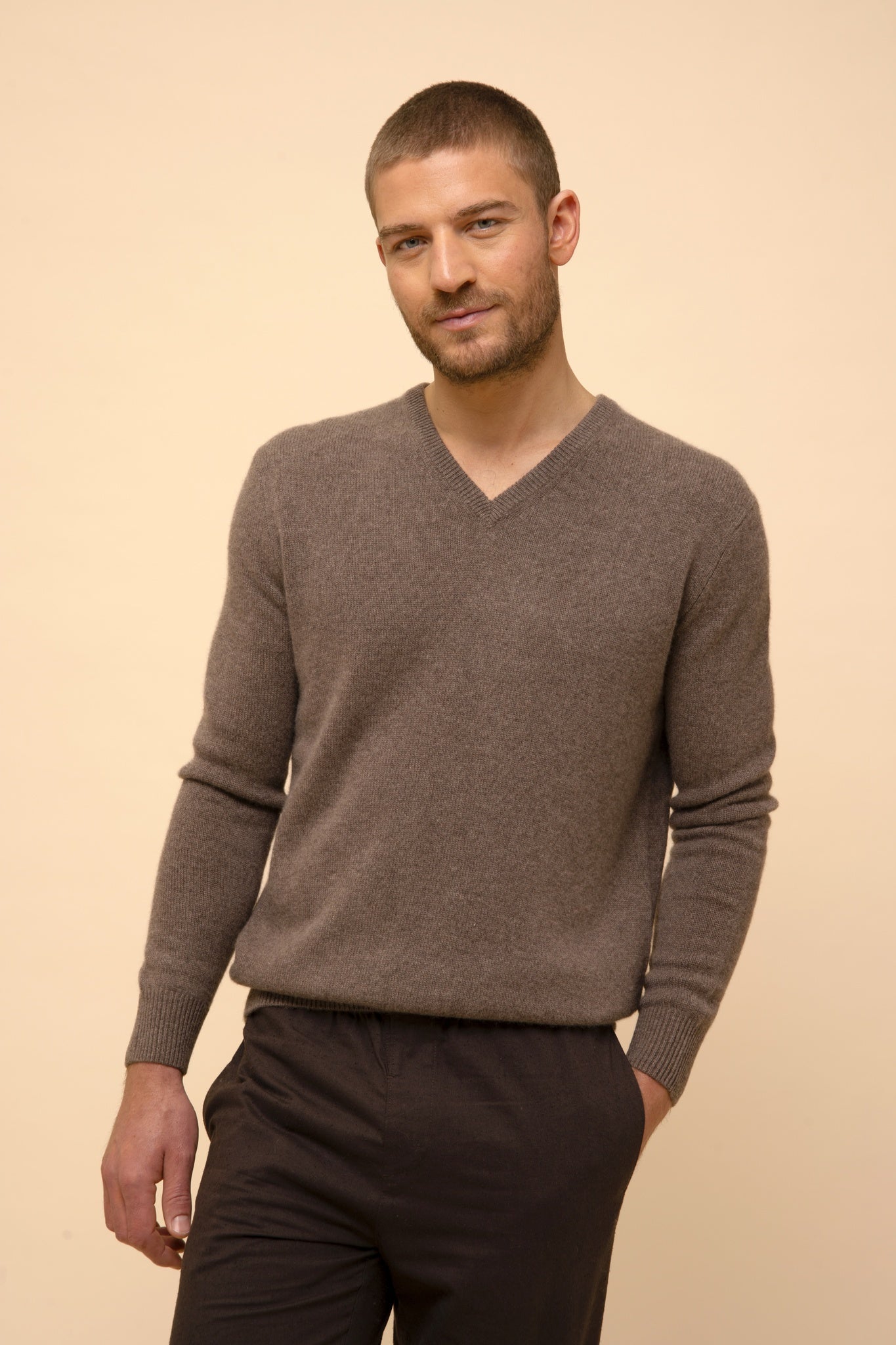 NATHAN taupe mottled v-neck sweater