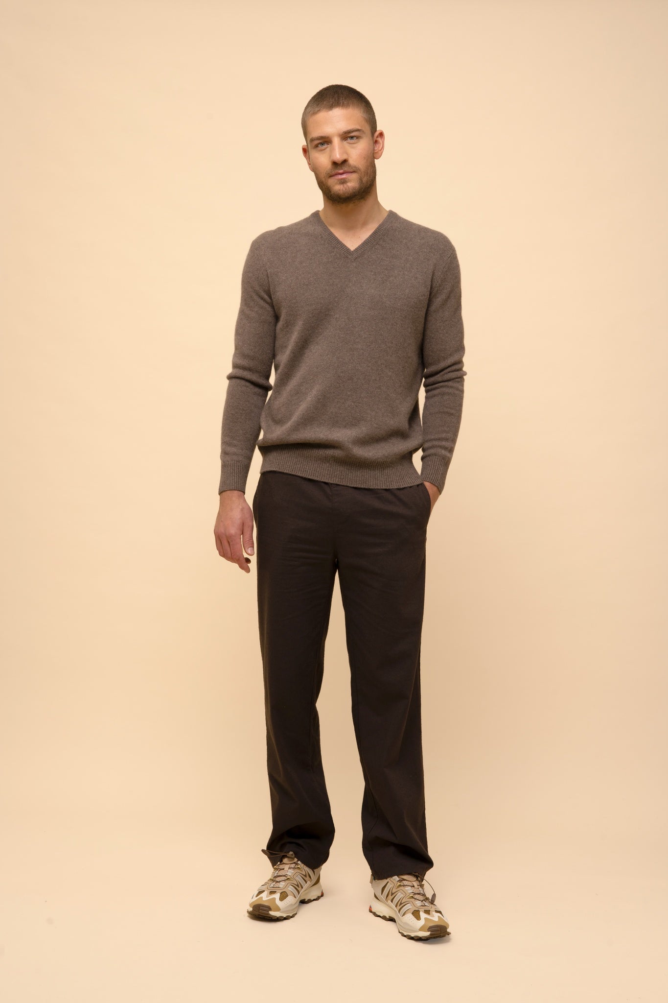 NATHAN taupe mottled v-neck sweater