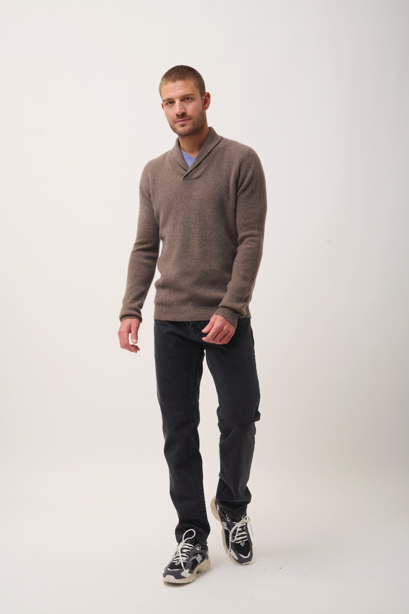 NINA mottled taupe shawl-collar sweater