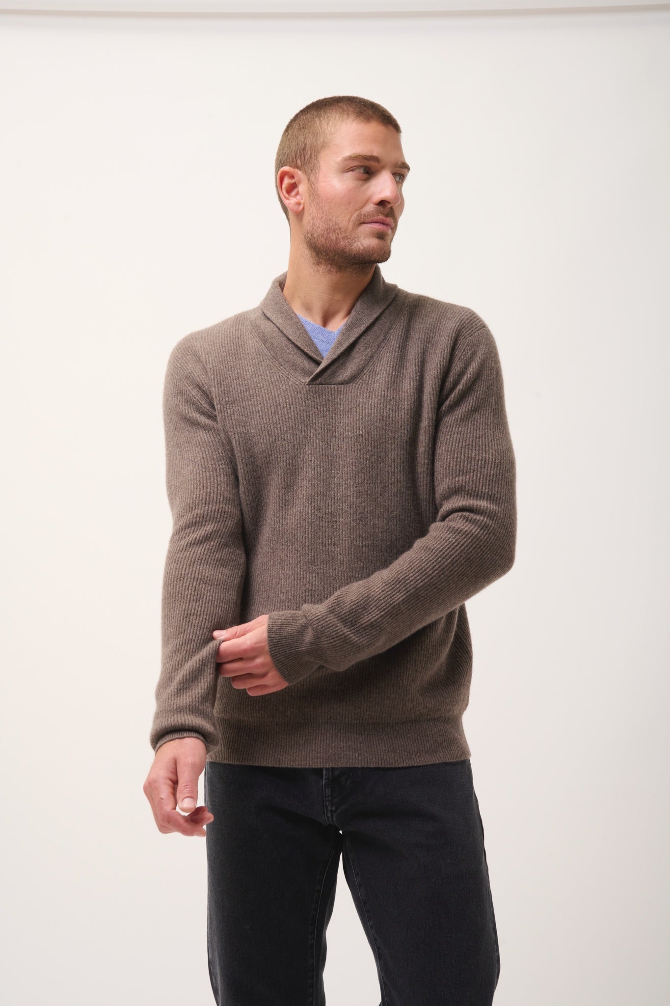 NINA mottled taupe shawl-collar sweater