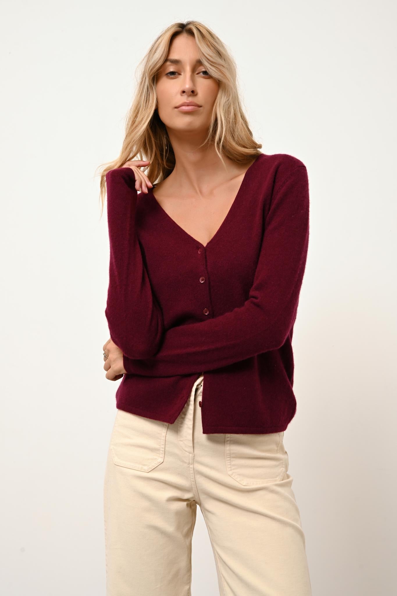 NORMA cardigan col v bordeaux