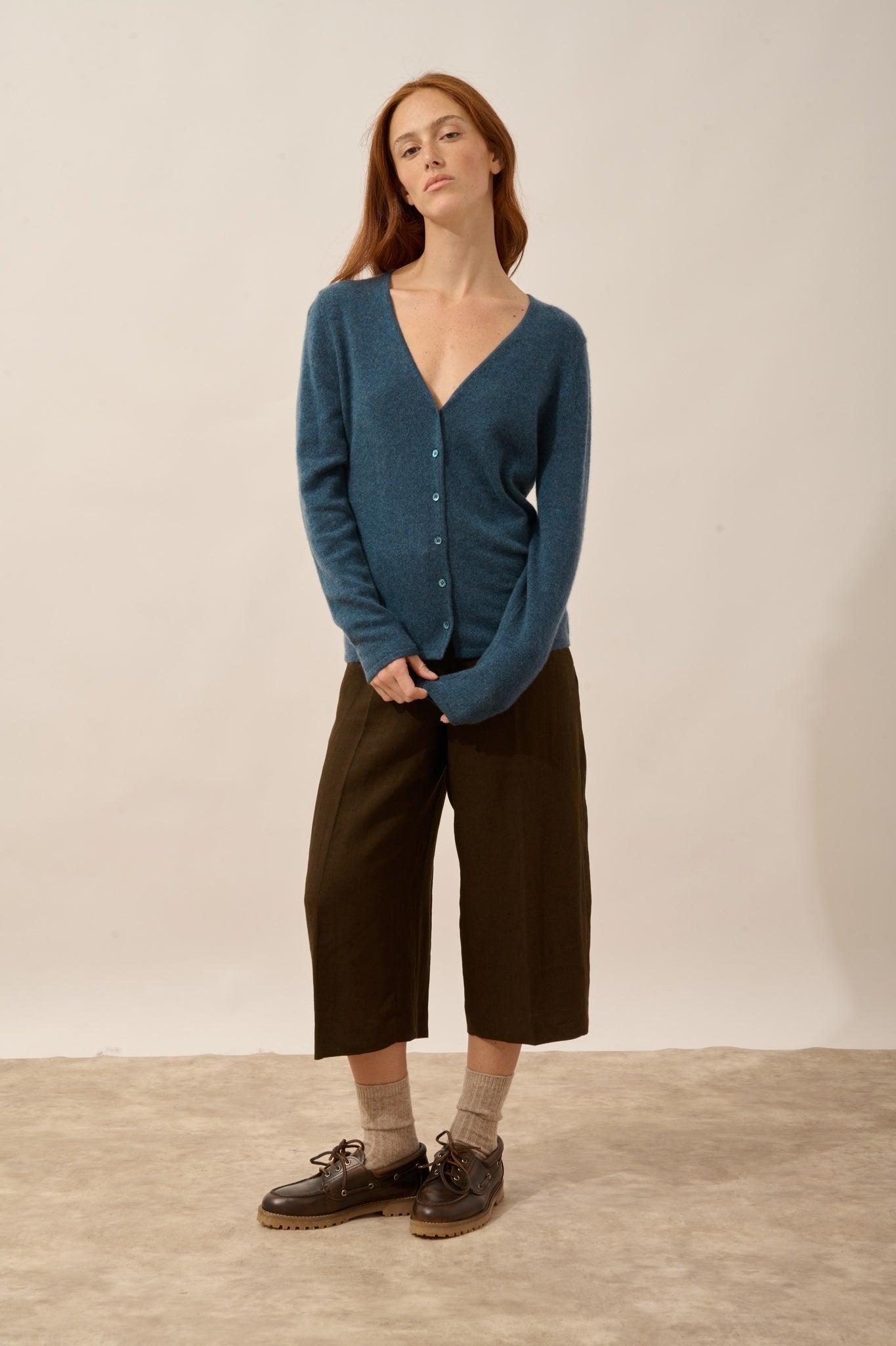 NORMA cardigan col v vert canard chiné