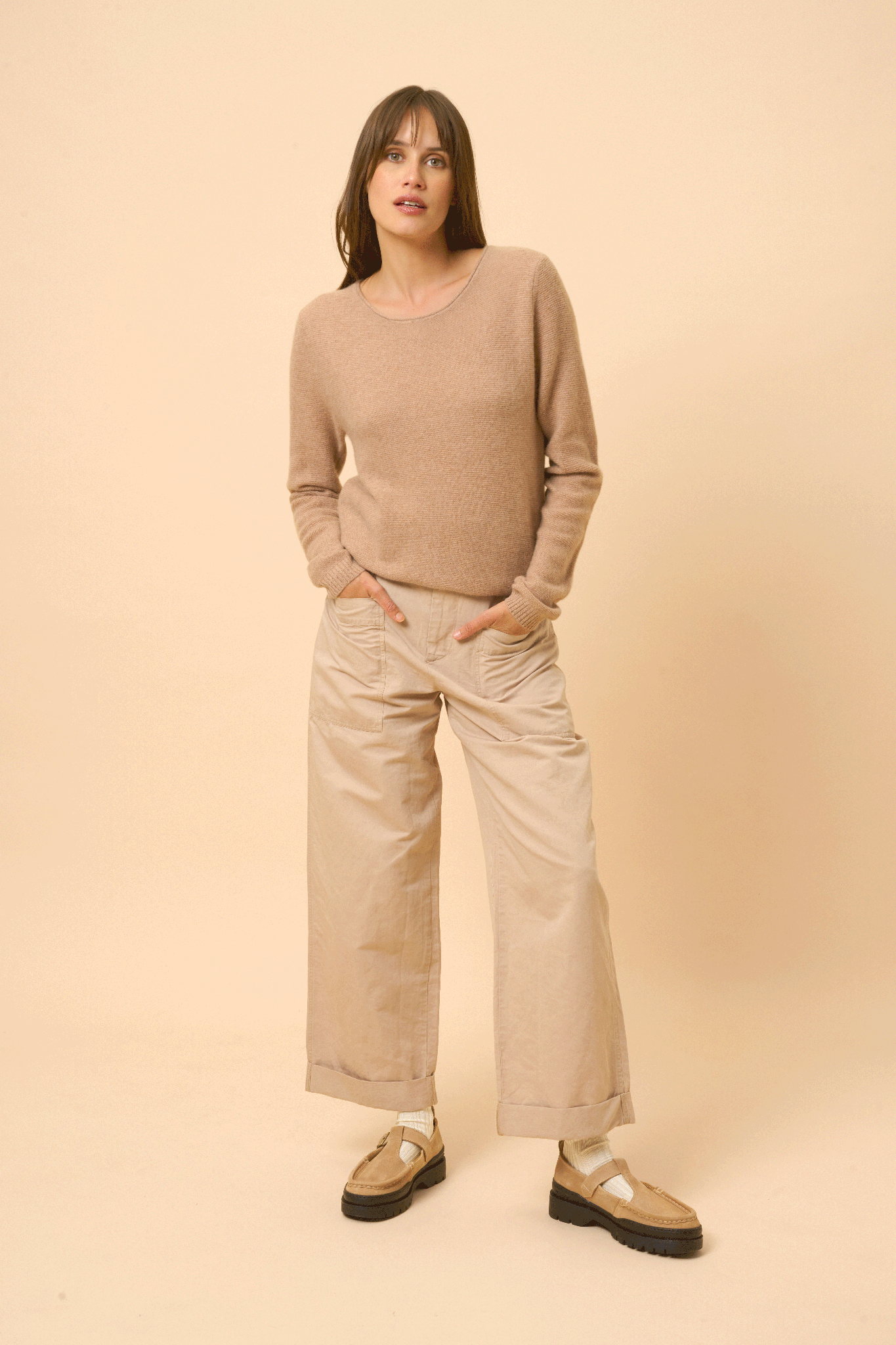 OLENA pull col rond camel chiné