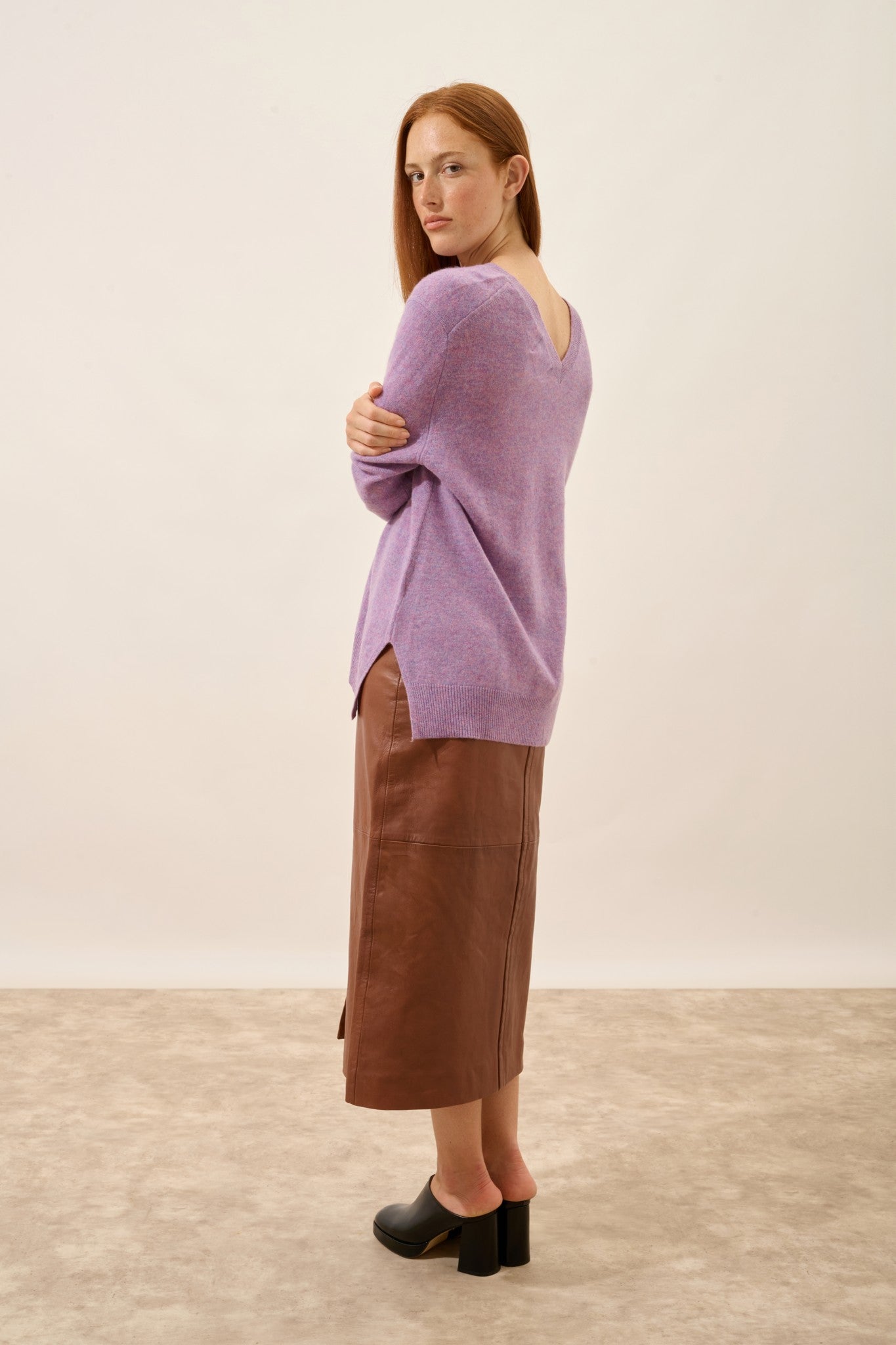 opal pull col v devant et dos lilas chiné 100% cachemire