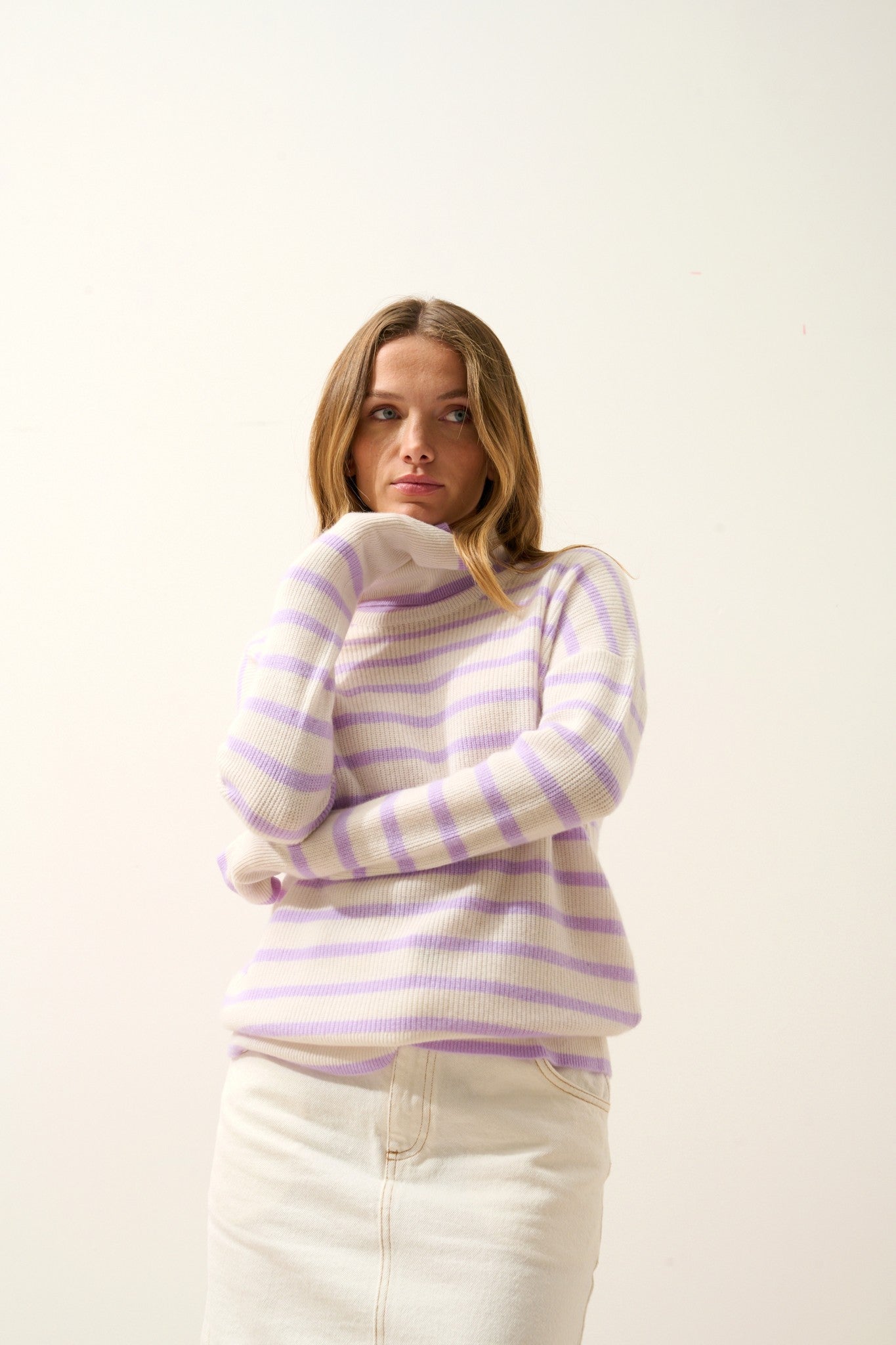 orélis pull col roulé bi-color mauve/ivoire 100% cachemire