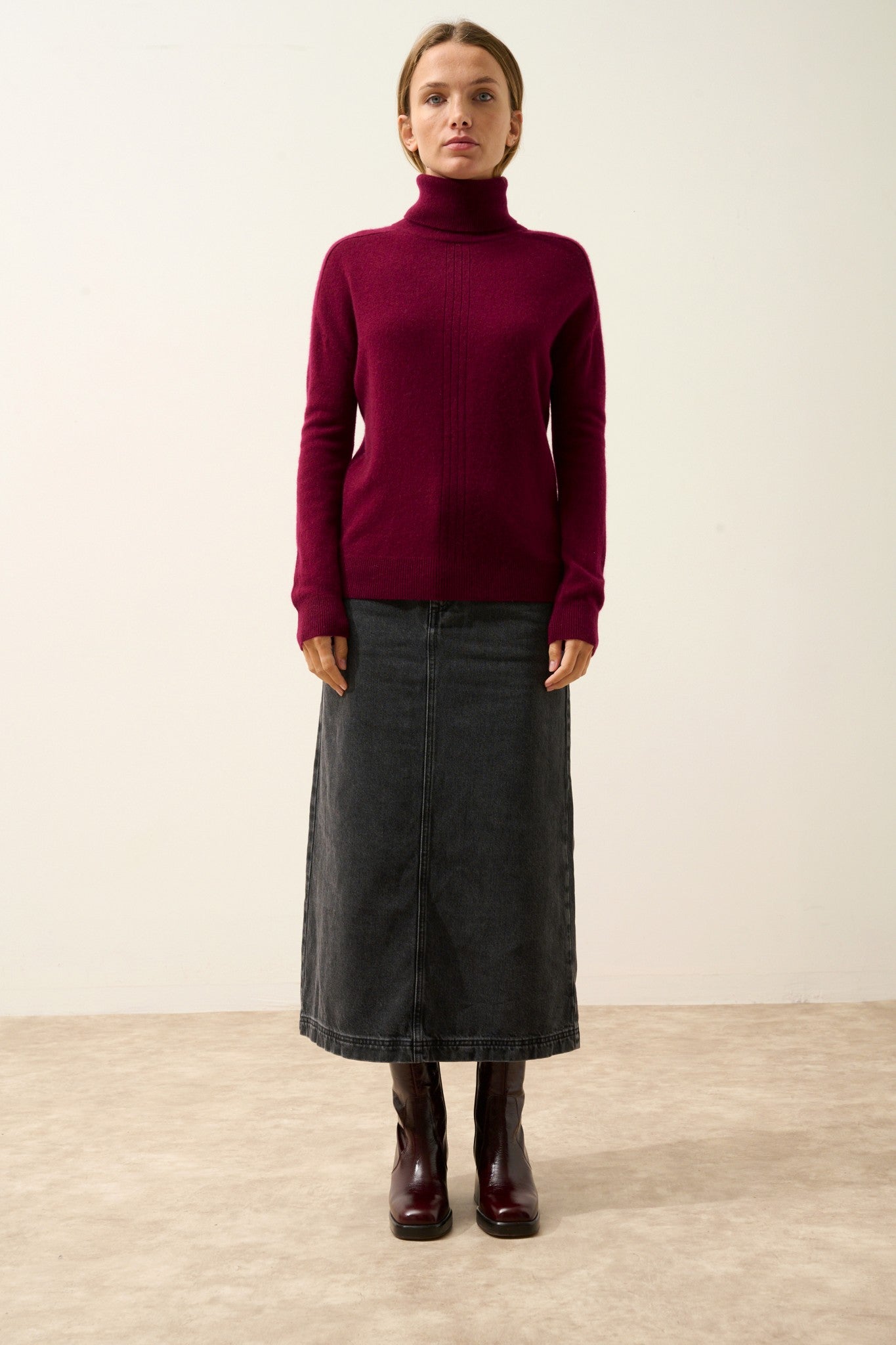 orianne pull col roulé bordeaux 100% cachemire