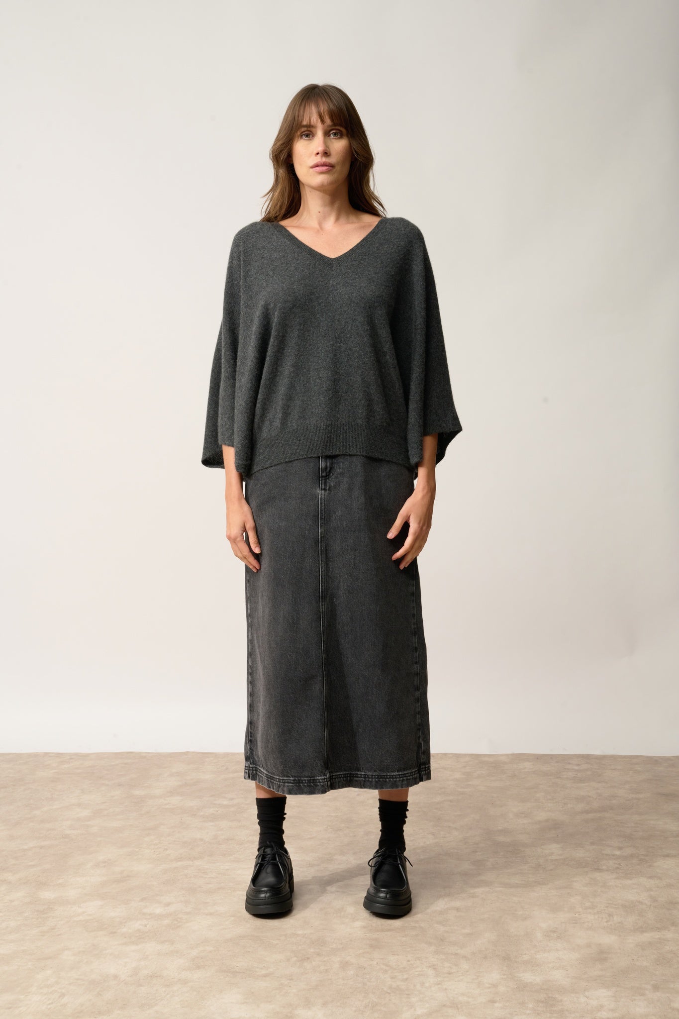 POLO pull col v chauve souris carbone chiné