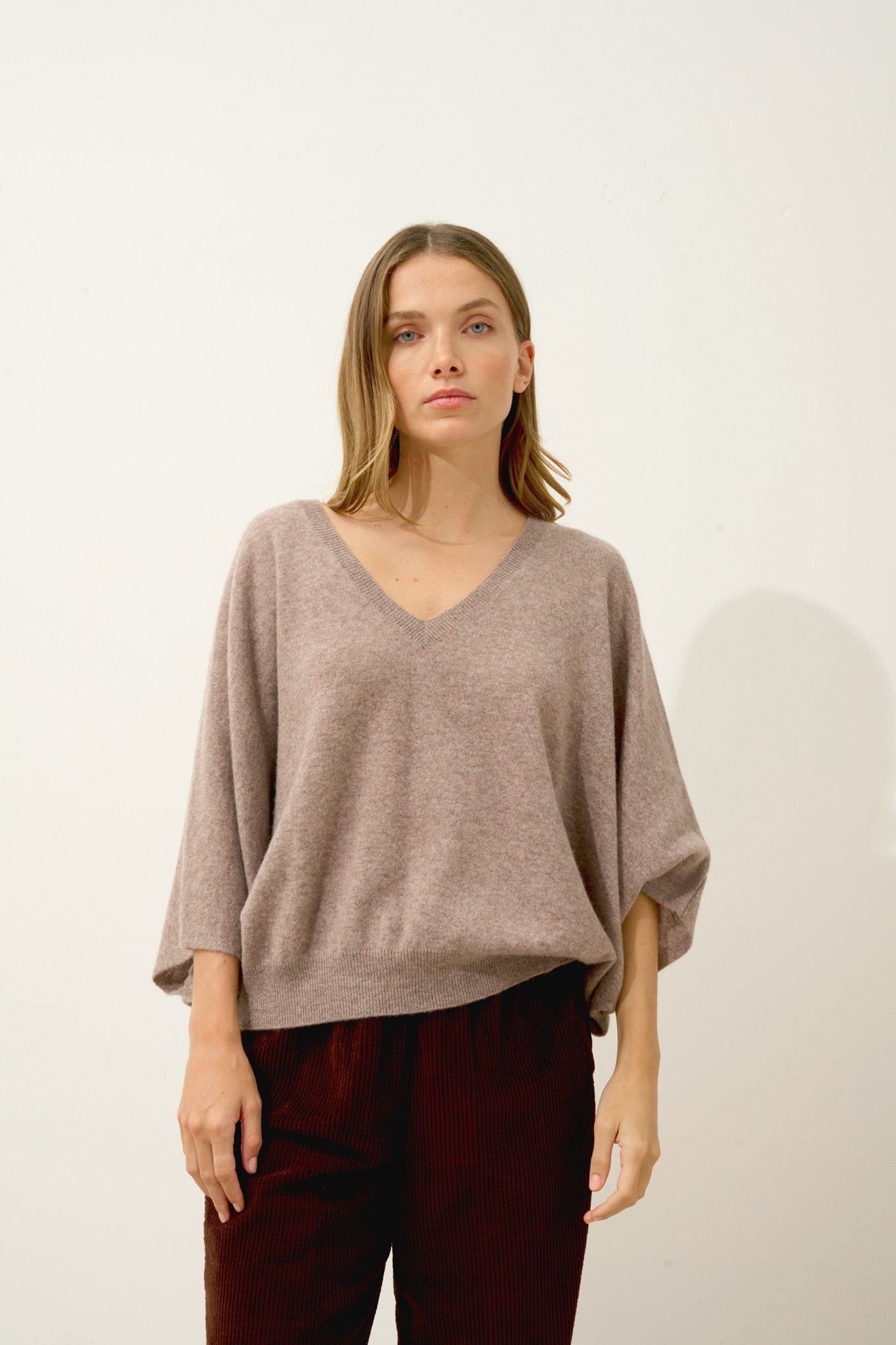 polo pull col v chauve souris caribou chiné 100% cachemire