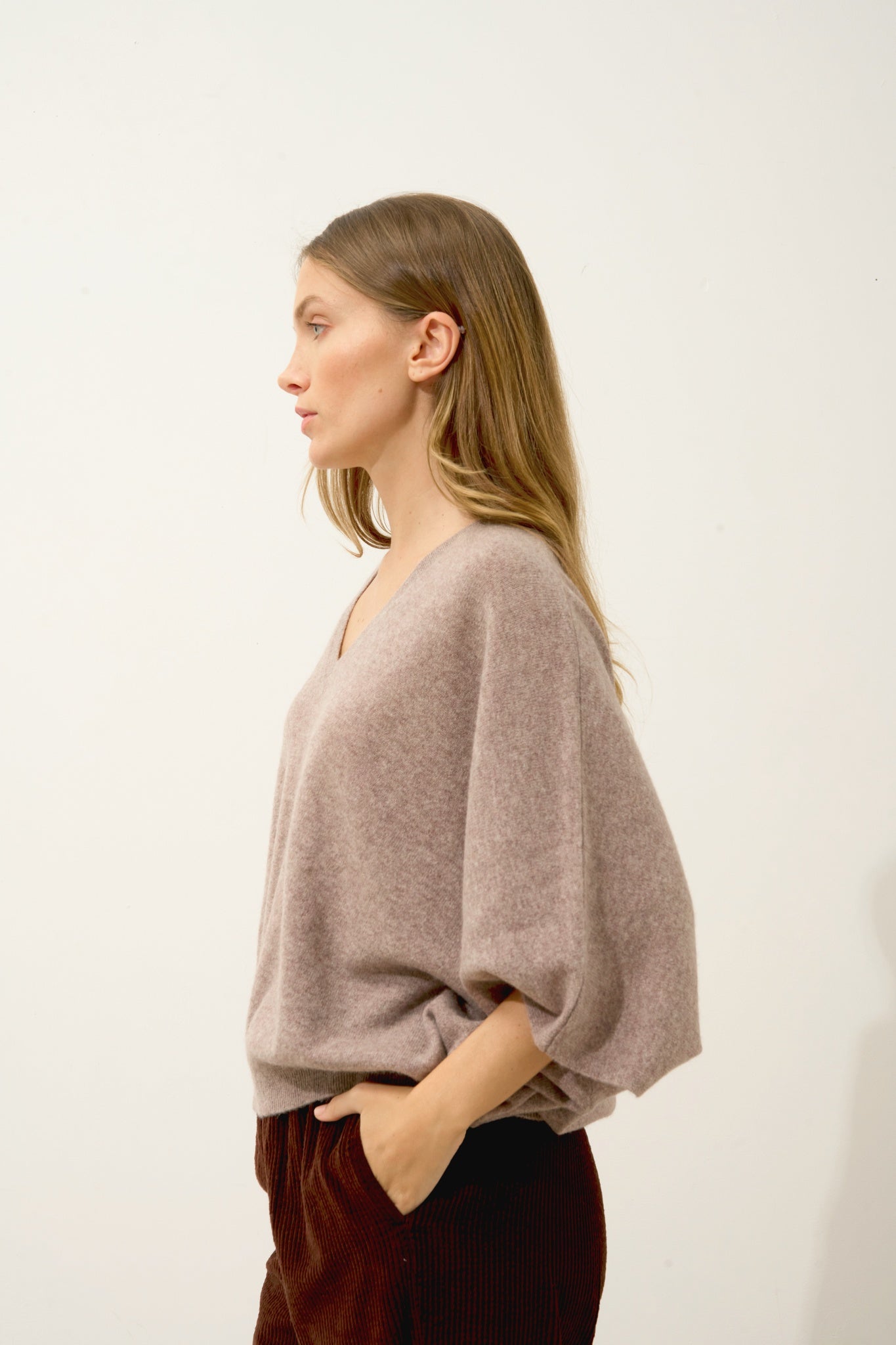 POLO pull col v chauve souris caribou chiné