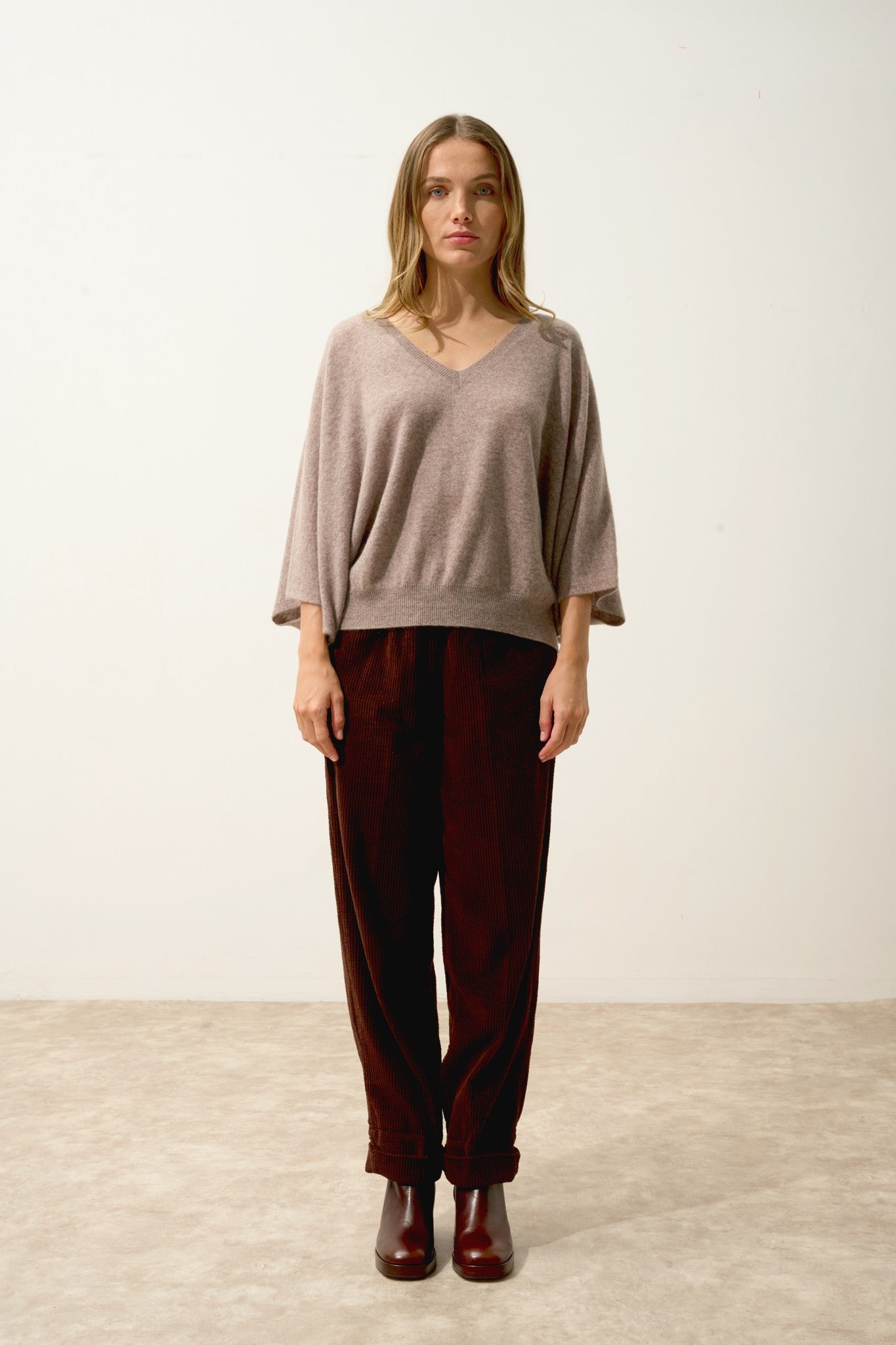 polo pull col v chauve souris caribou chiné 100% cachemire