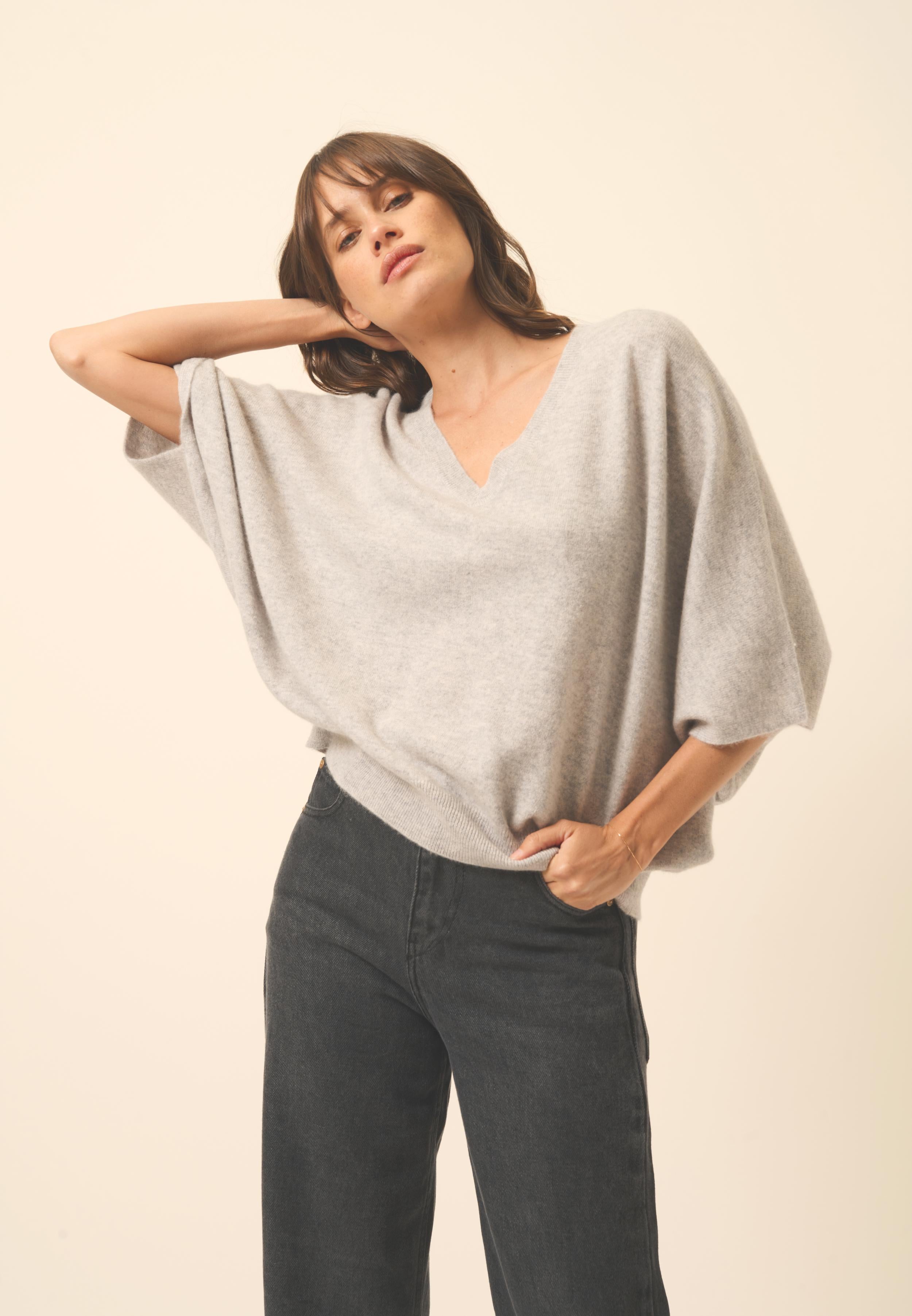 POLO pull col v gris clair chiné