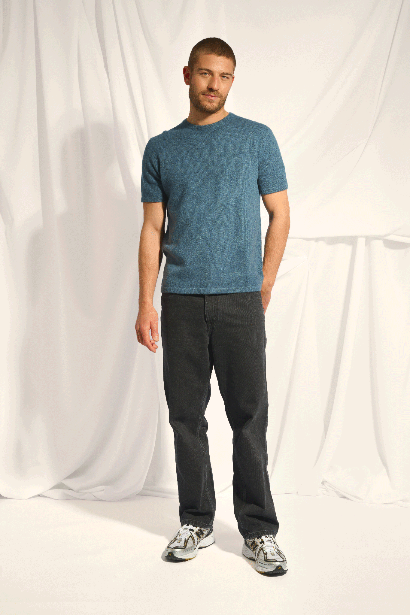 REBEKA t-shirt col rond vert canard chiné