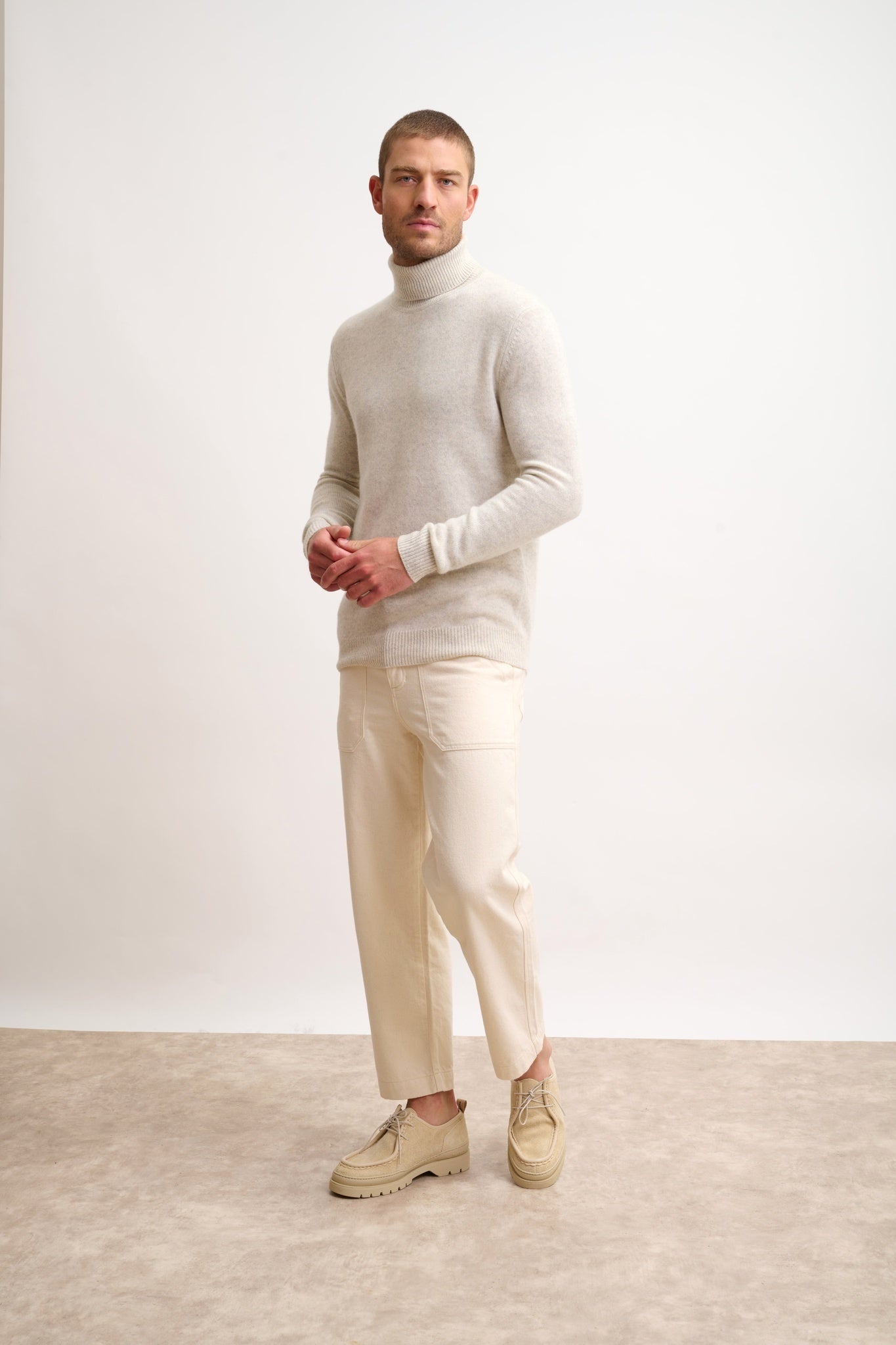 SACHA pearl gray marled 4-ply roll neck sweater