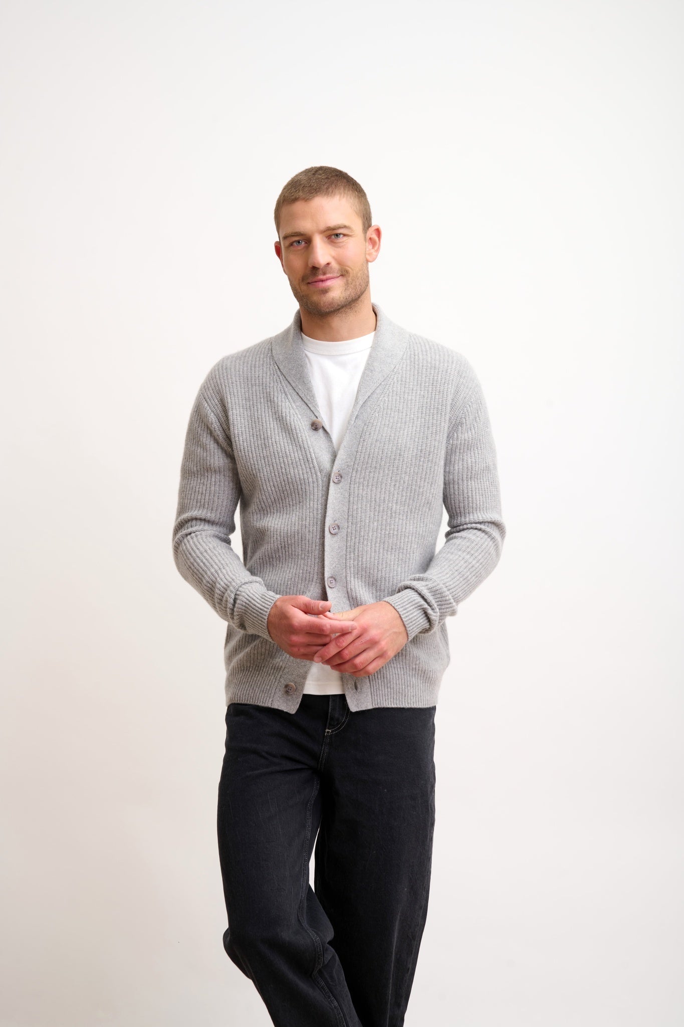 SANJI veste boutonnée col châle 4 fils nuage chiné