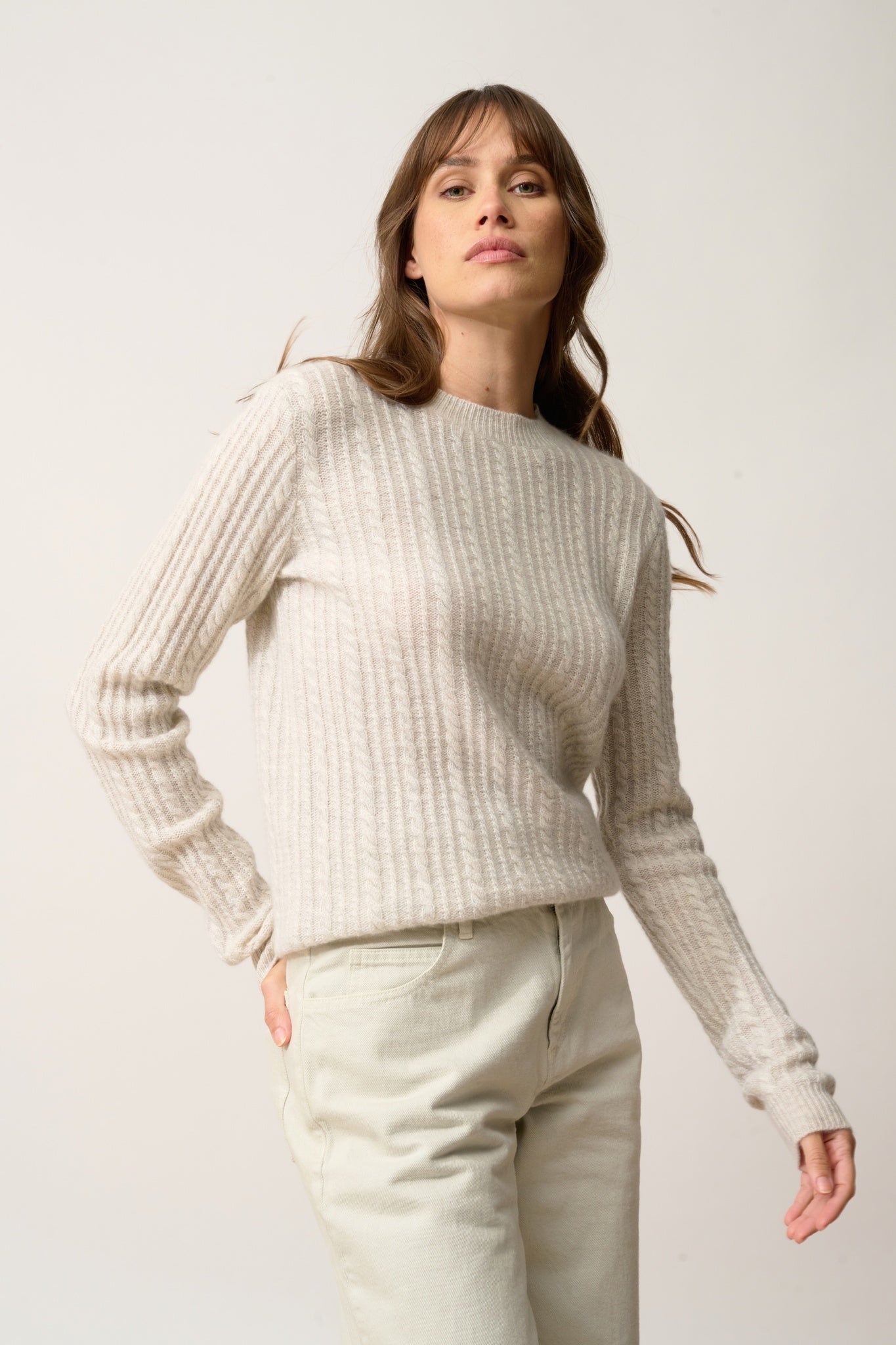 SARAH pull col rond gris perle chiné