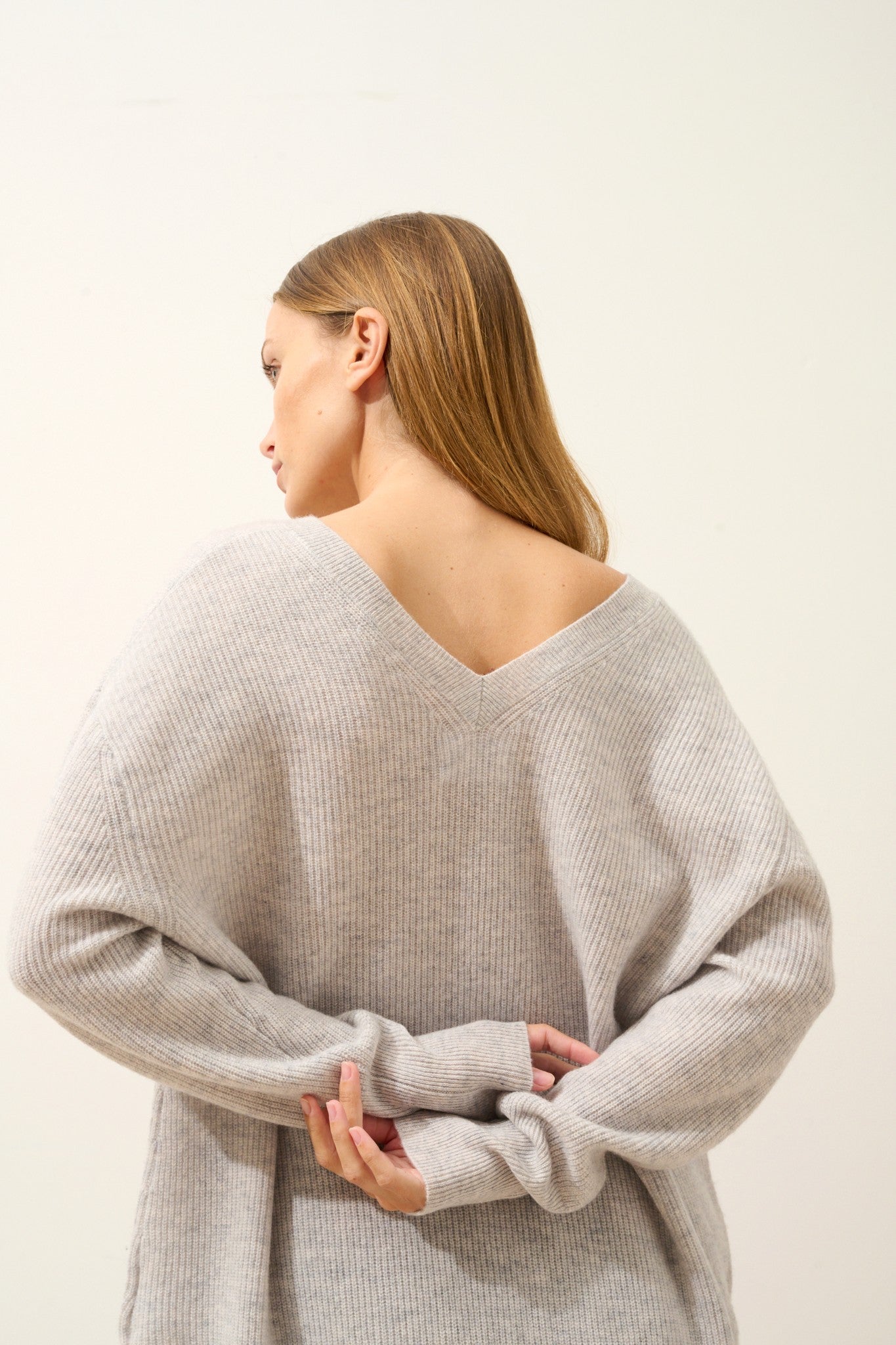 serélis pull col v devant et dos glacier chiné 100% cachemire