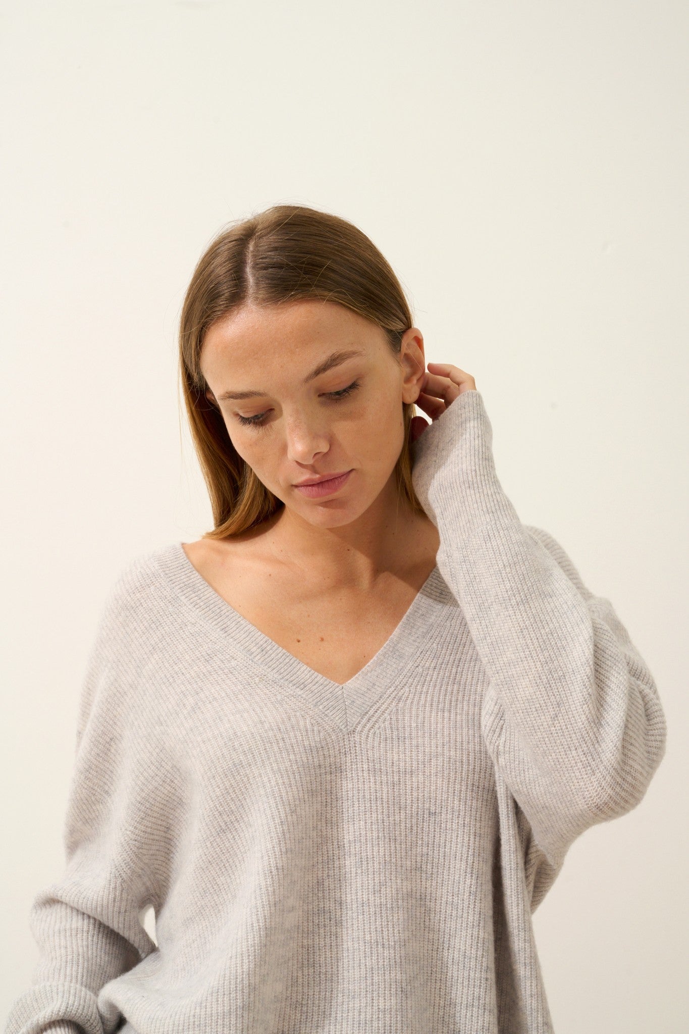 serélis pull col v devant et dos glacier chiné 100% cachemire