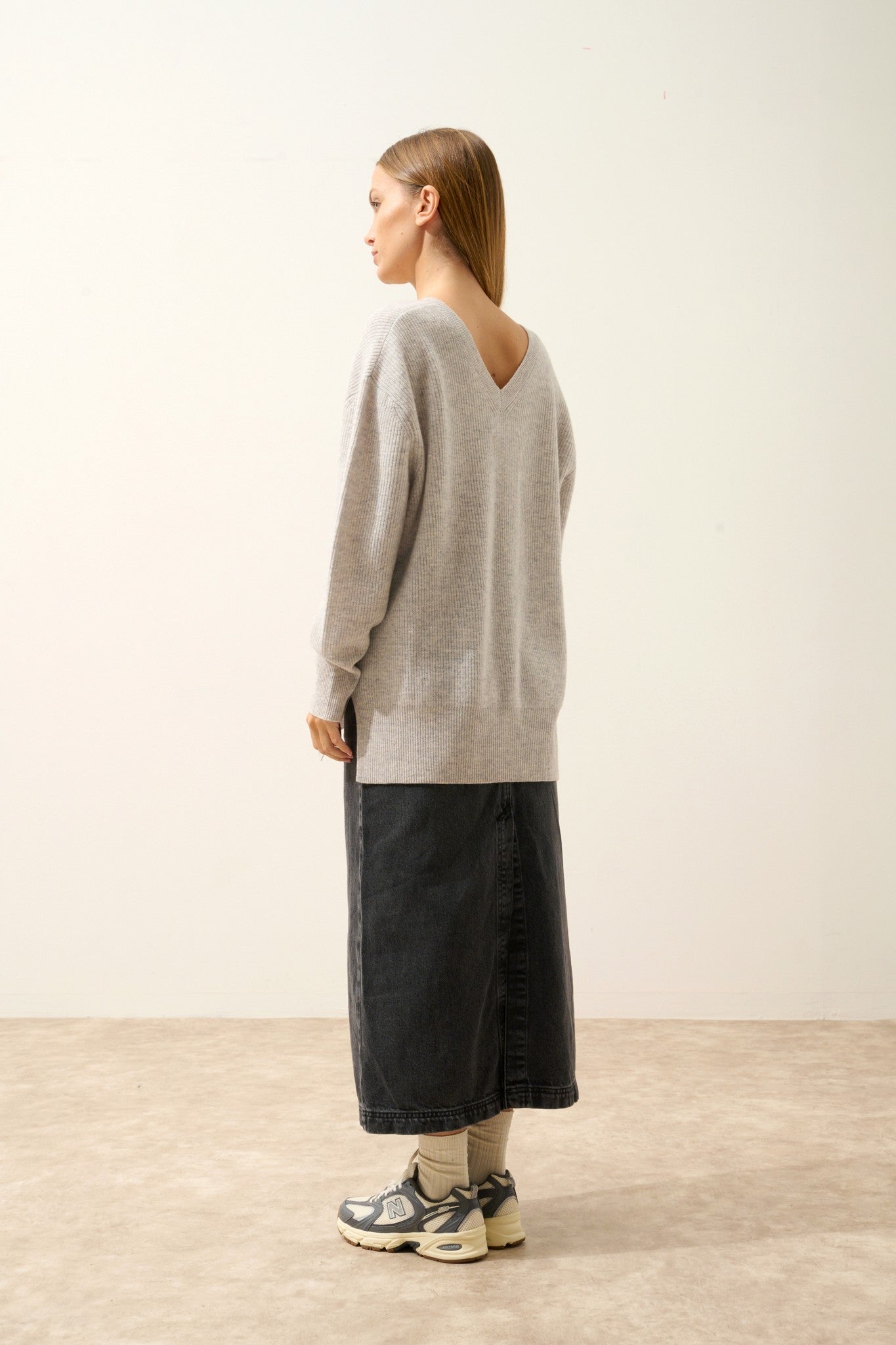 serélis pull col v devant et dos glacier chiné 100% cachemire