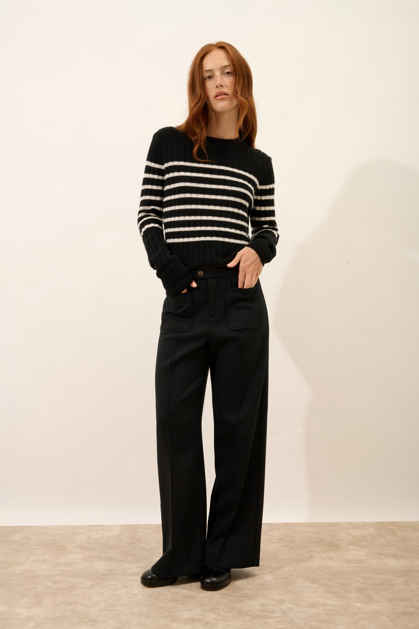 sylvana pull col rond 4 fils bi-color noir/ivoire 100% cachemire