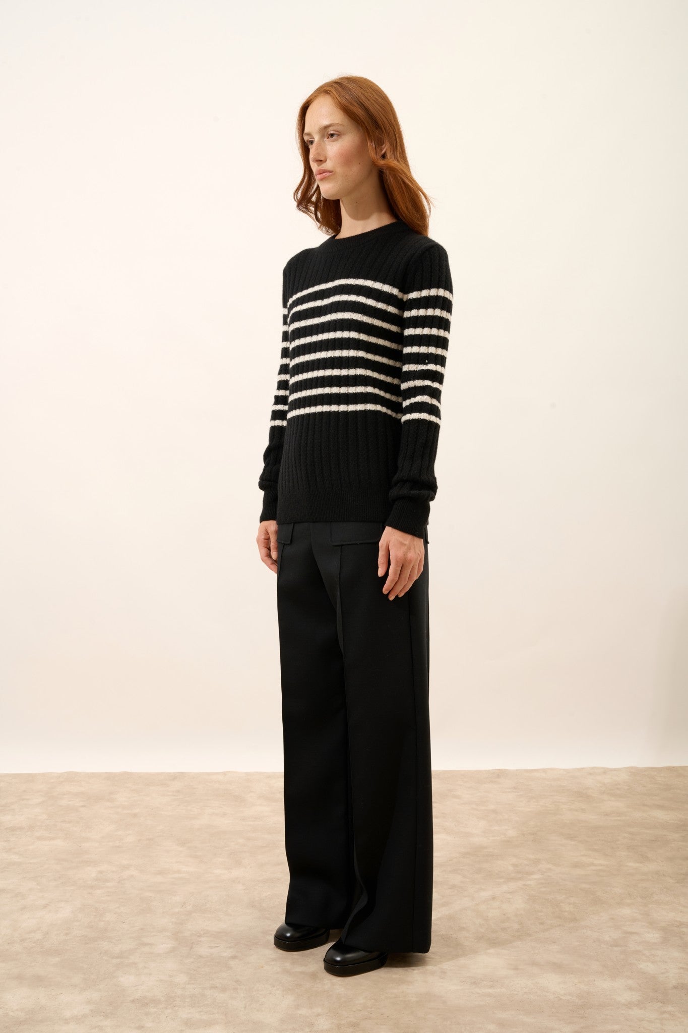 sylvana pull col rond 4 fils bi-color noir/ivoire 100% cachemire