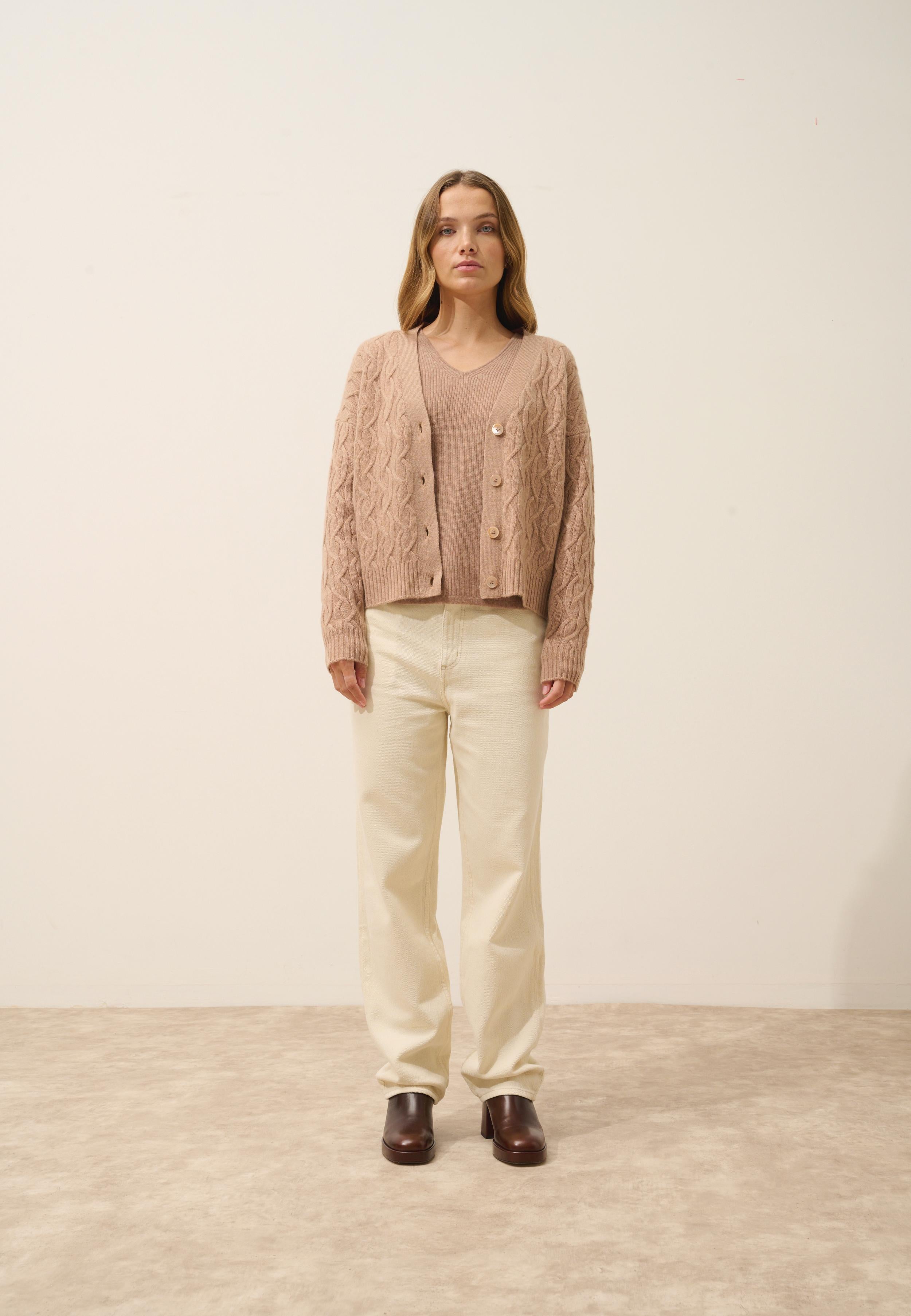 SYSTA cardigan col v camel chiné