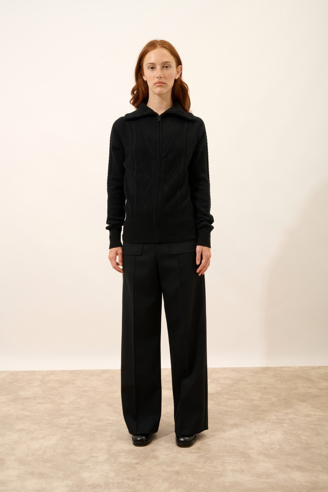 talara zip-up cardigan with trucker collar, 4 threads, black, 100% cashmere