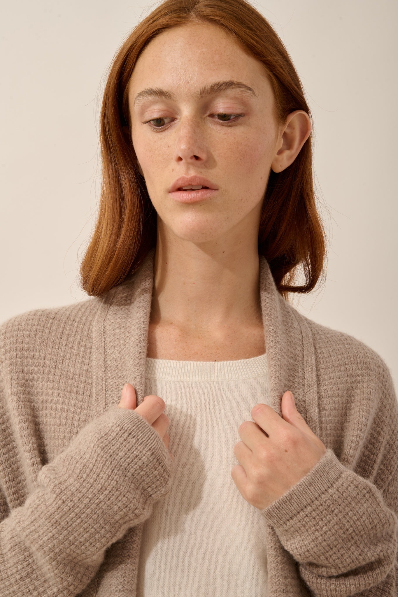 TARAPOTO veste col châle taupe clair chiné