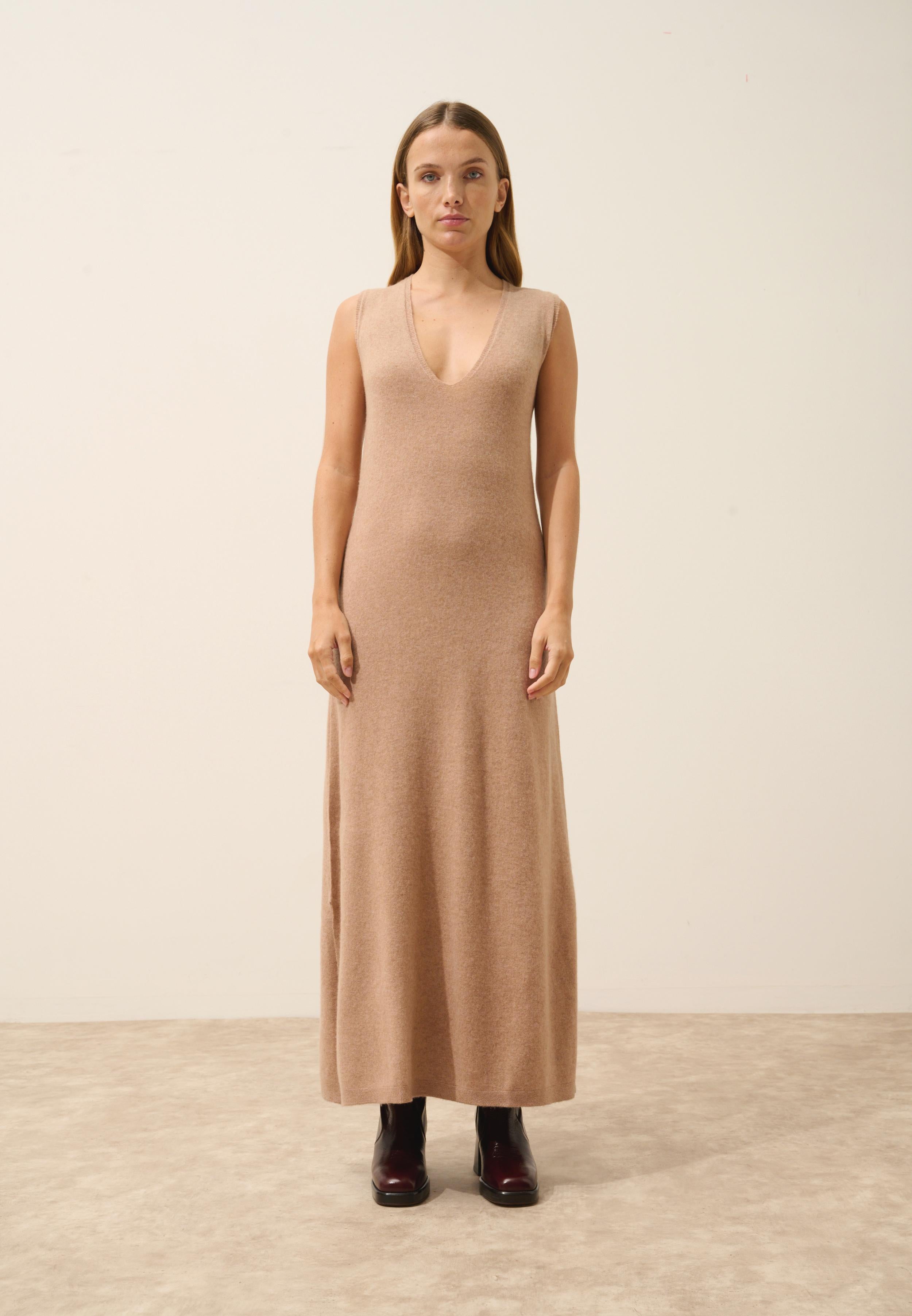 TESSA robe col v camel chiné
