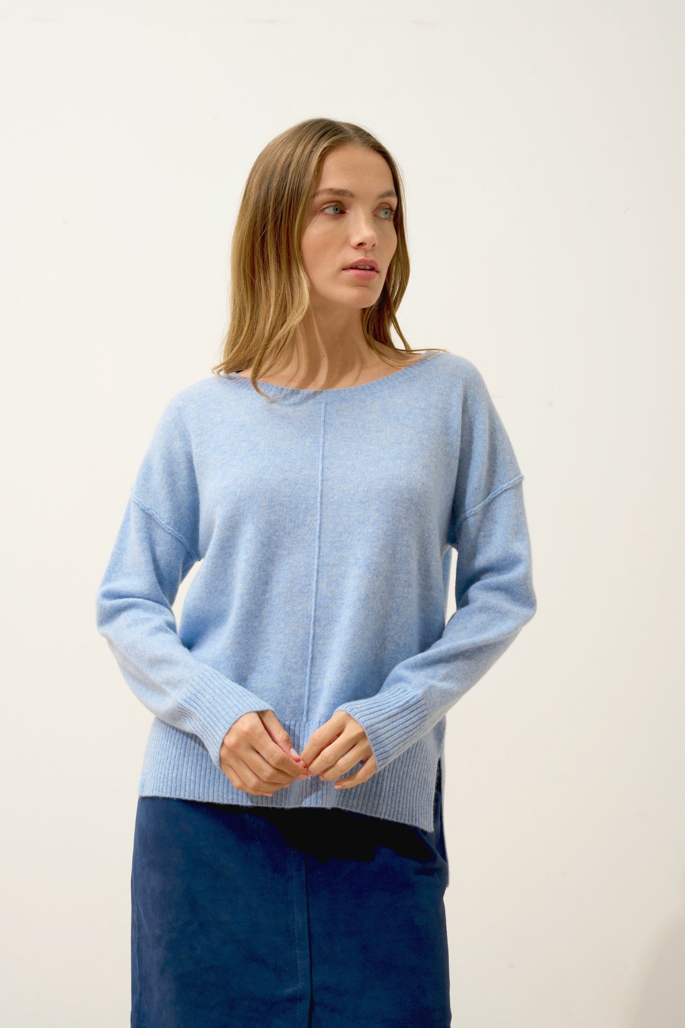 TESS pull col rond bleu ciel chiné