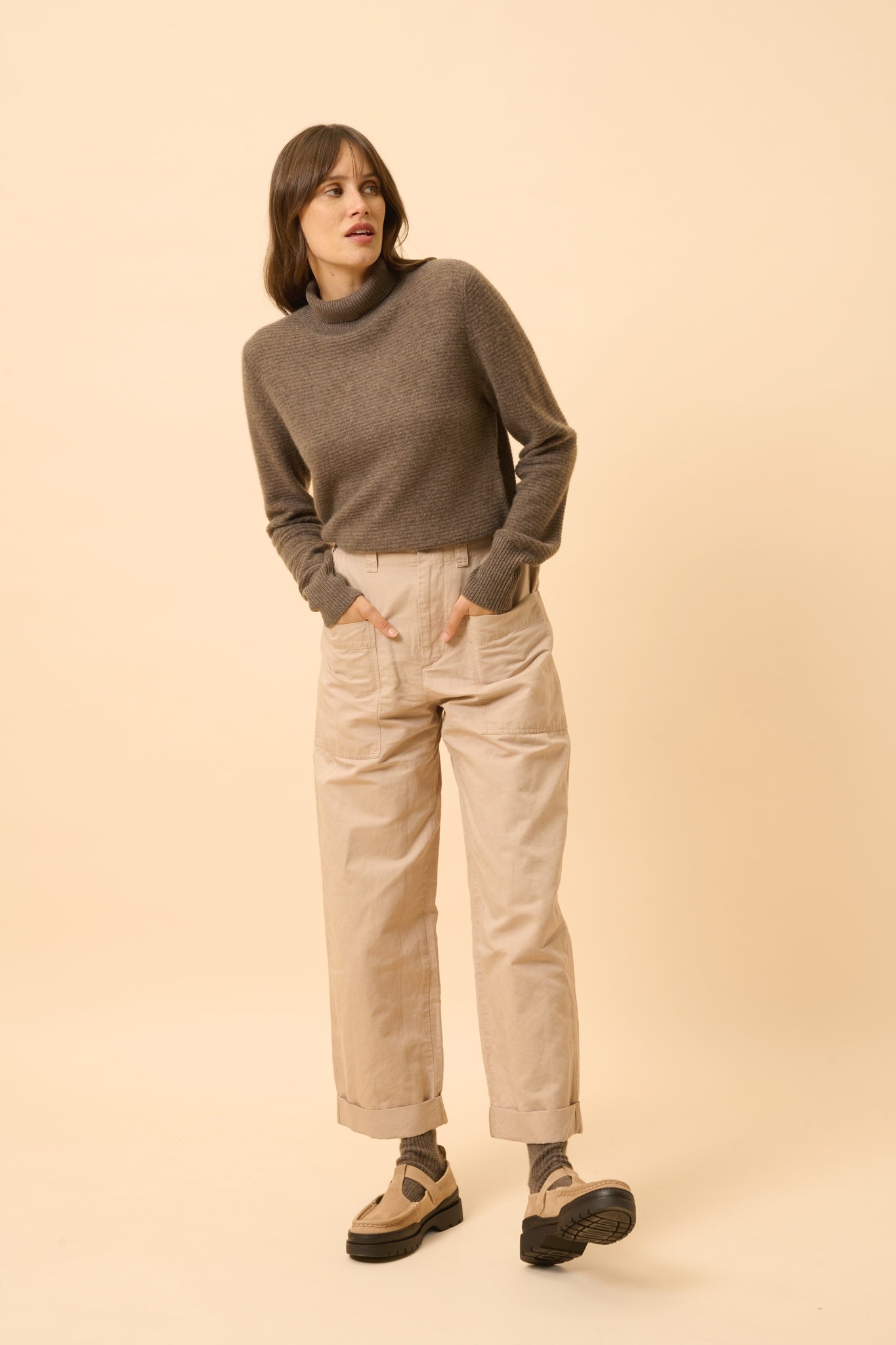 UDNY taupe mottled turtleneck sweater