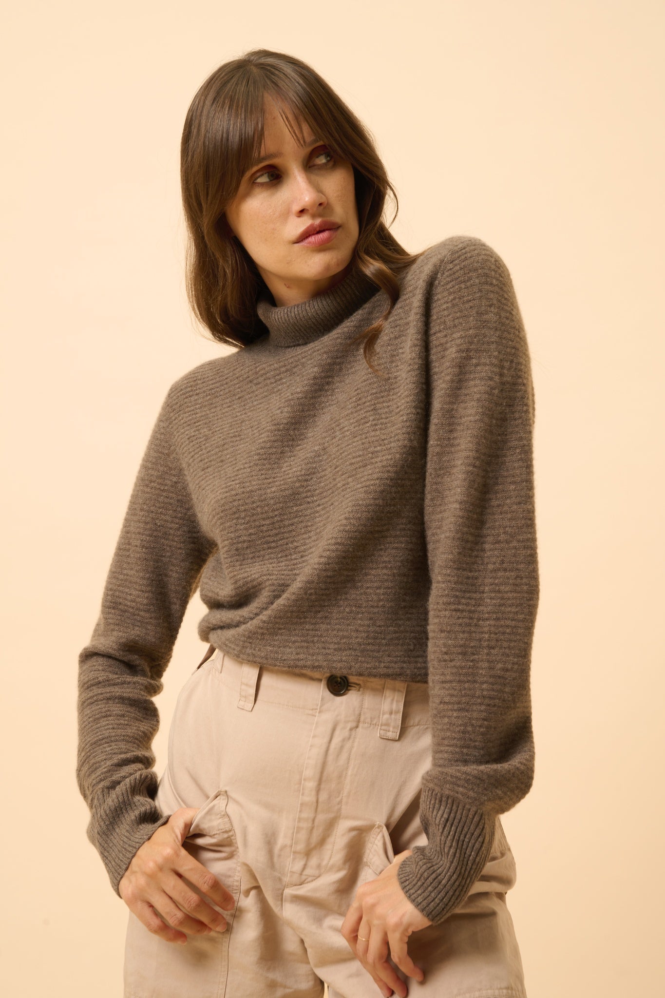 UDNY taupe mottled turtleneck sweater