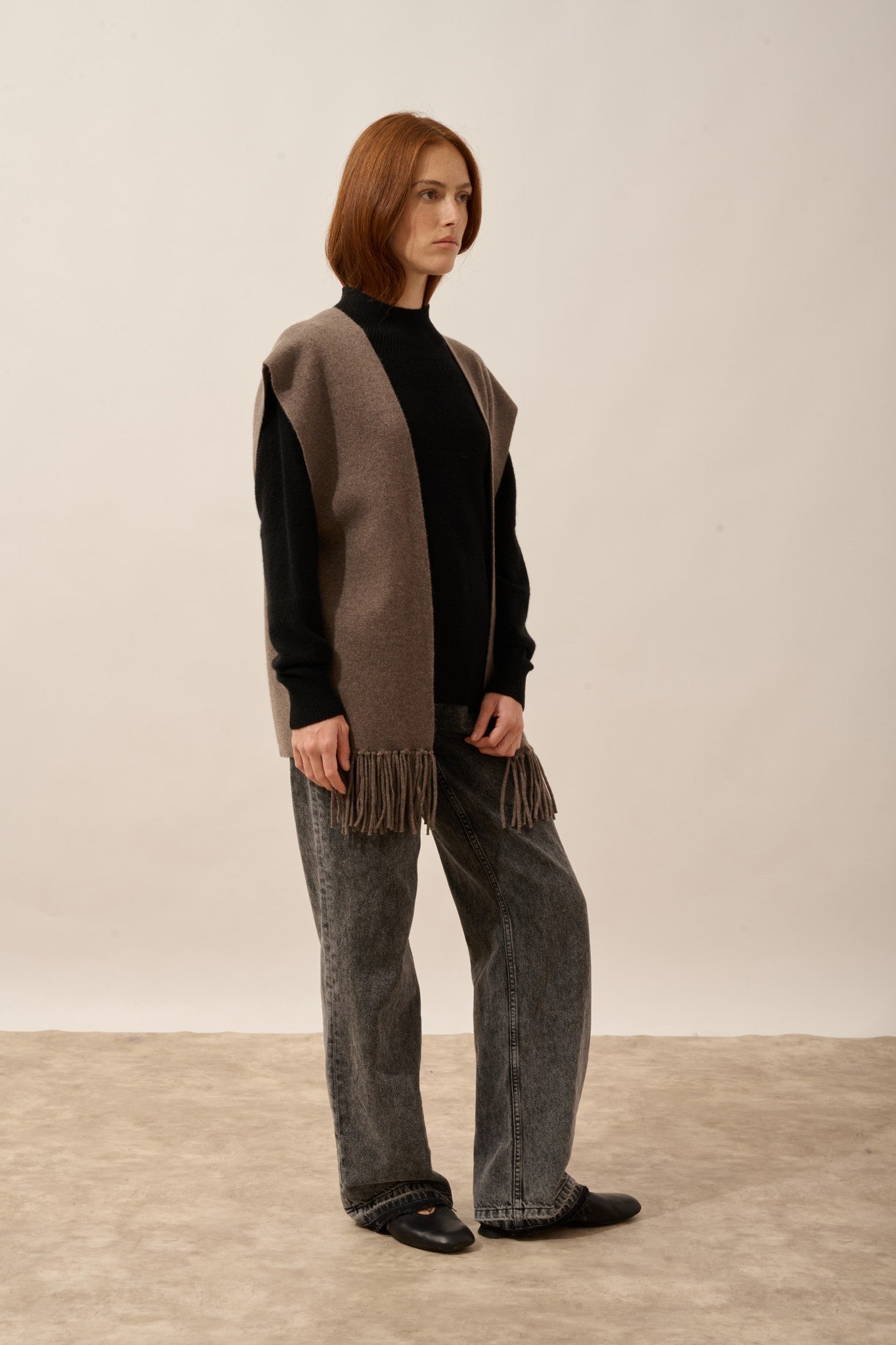 victoire gilet sans manches avec franges taupe chiné