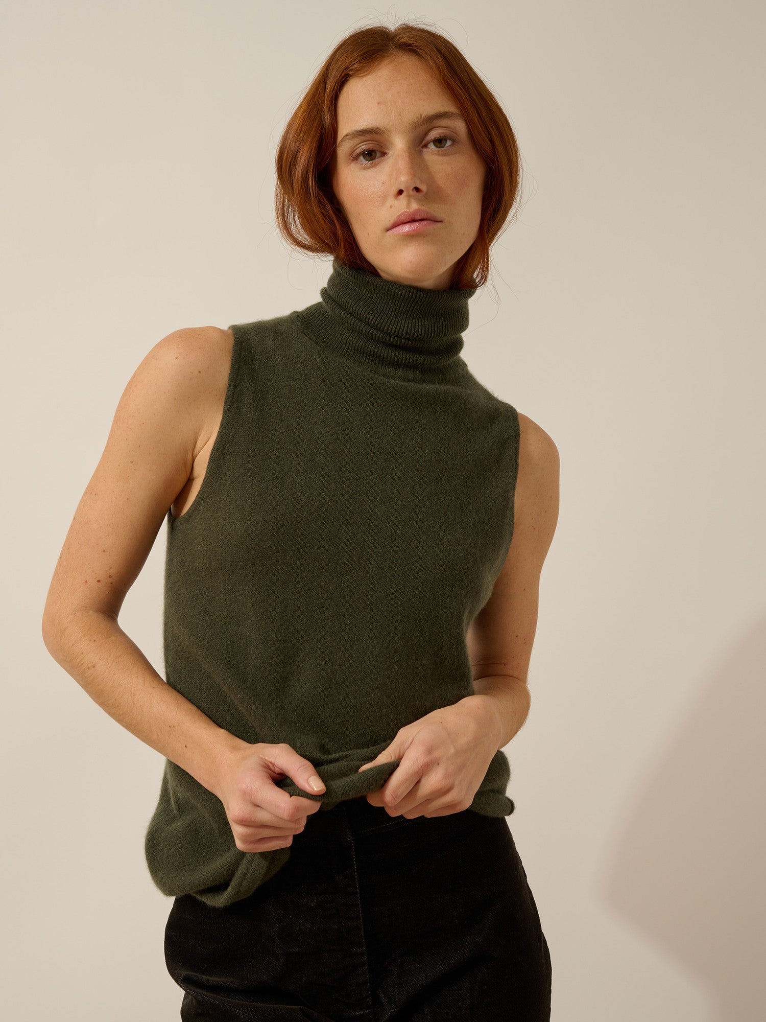 purple khaki turtleneck sweater