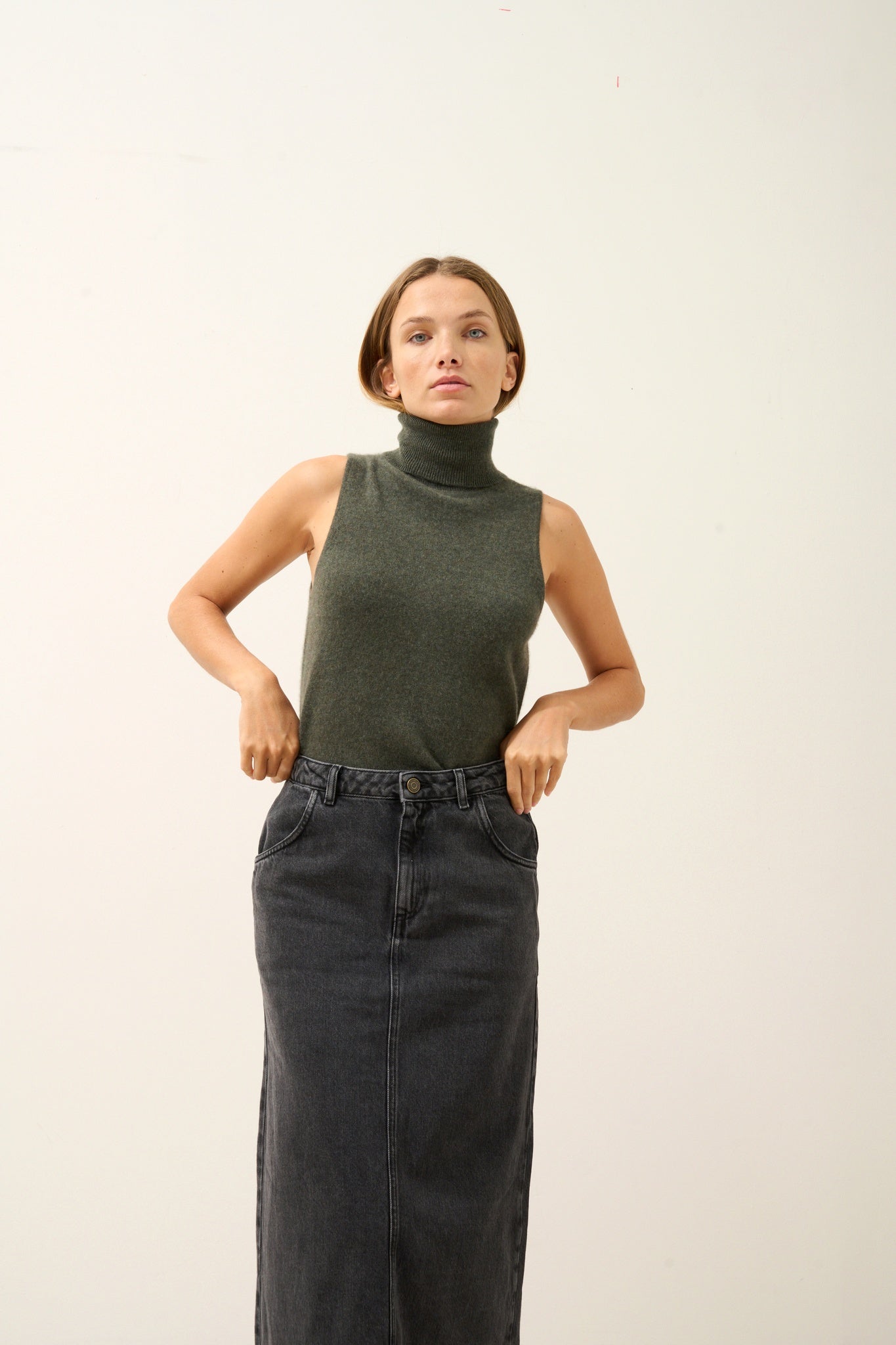 VIOLET pull col roulé kaki chiné