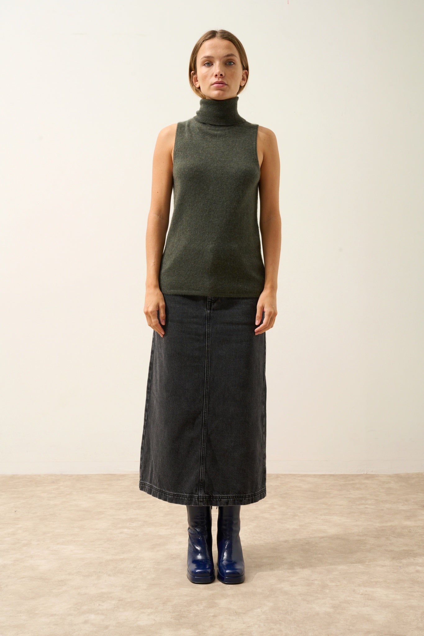 VIOLET pull col roulé kaki chiné