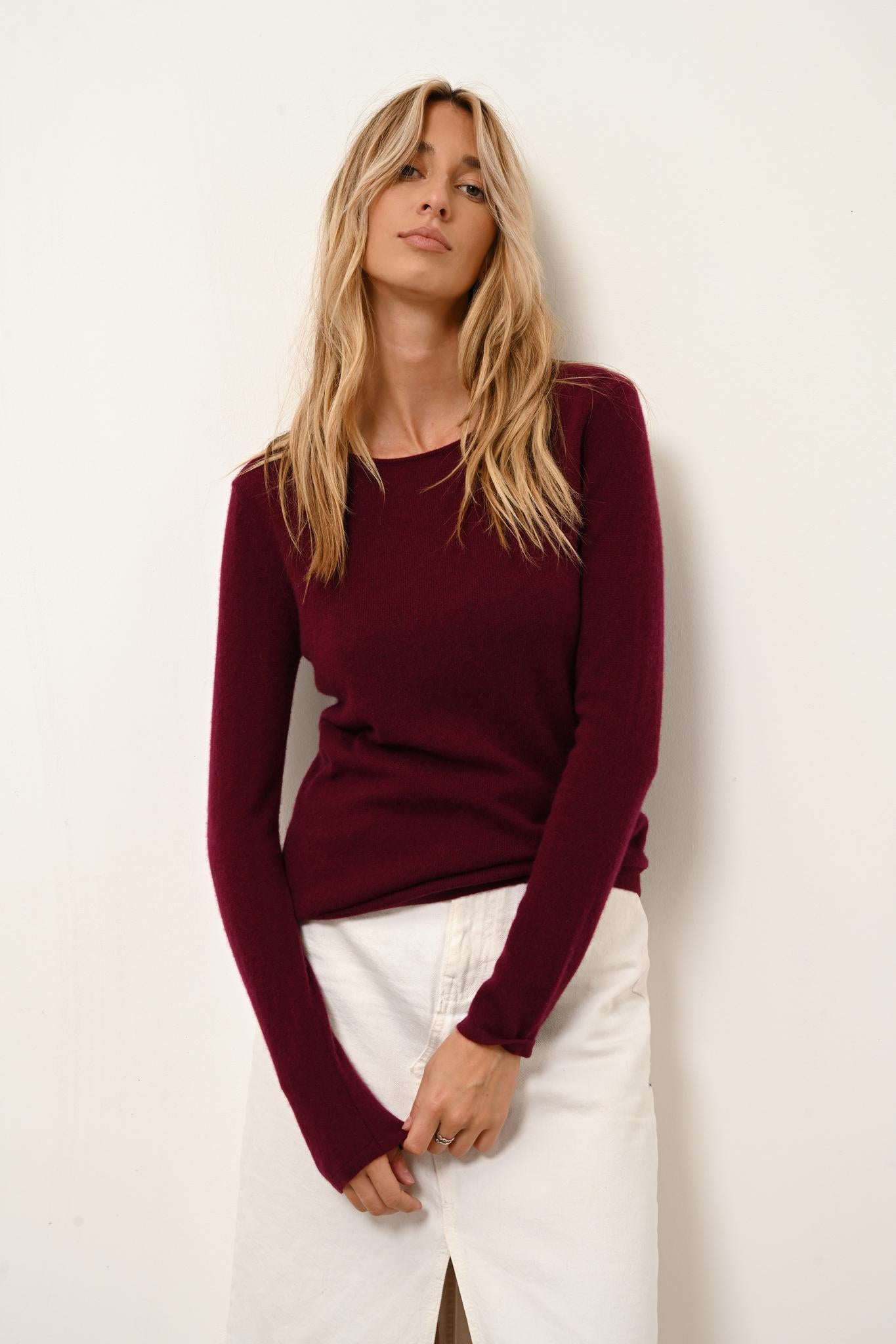 VIVIAN pull col rond bordeaux