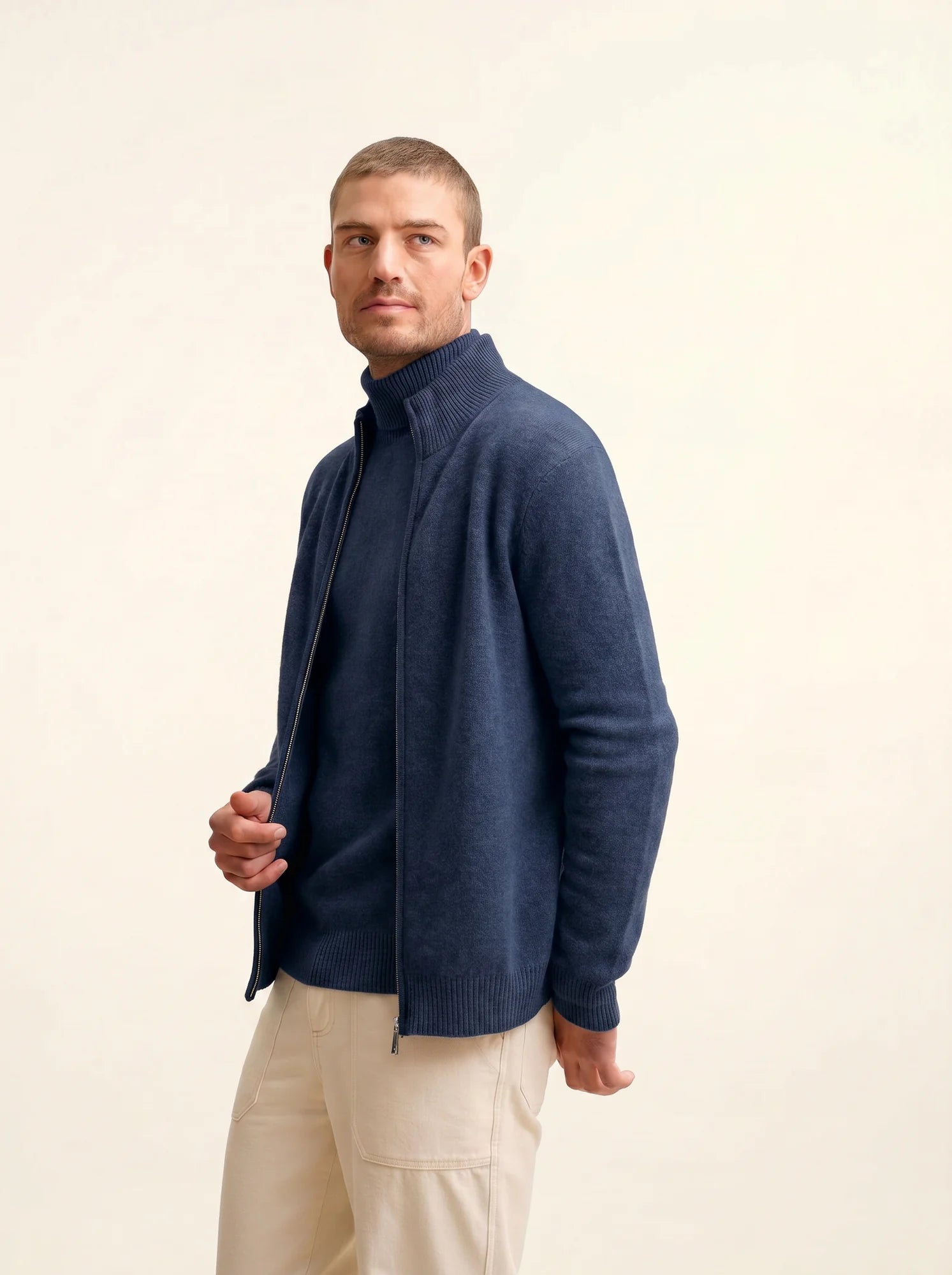 CHARLOTTE Gilet Zippé Col Camionneur 4 Fils Océan Chiné