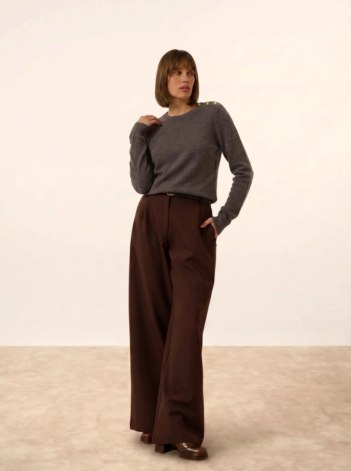 ORELIEN Pull Col Rond Marin Taupe Chiné