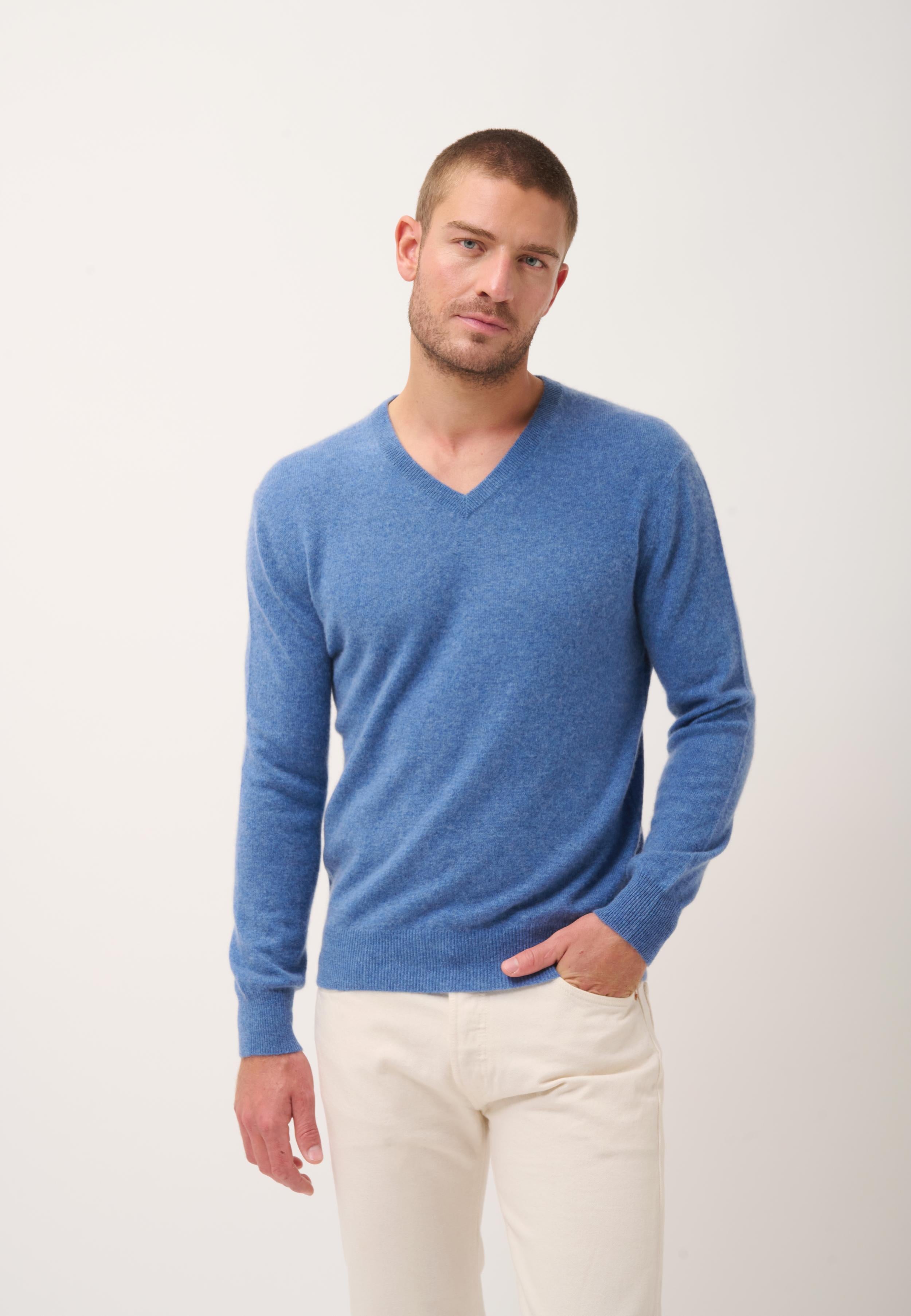 WALT pull col v bleu denim