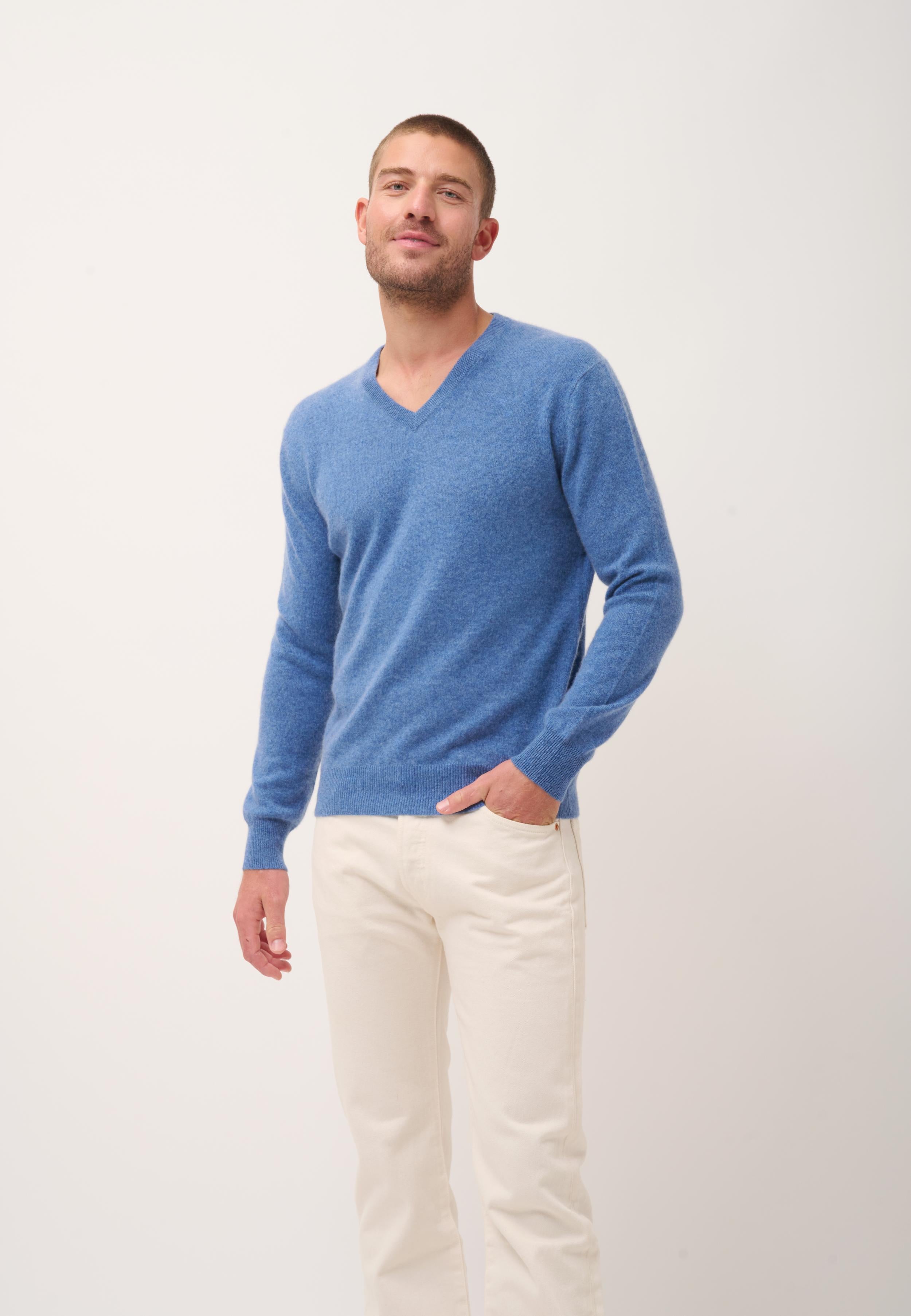 WALT pull col v bleu denim