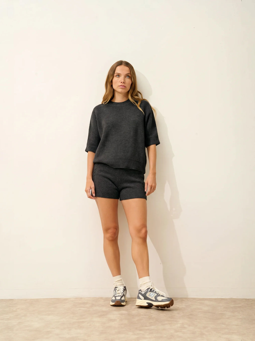 ÉRINA T-Shirt Col Bateau Chauve Souris 4 Fils Anthracite Chiné