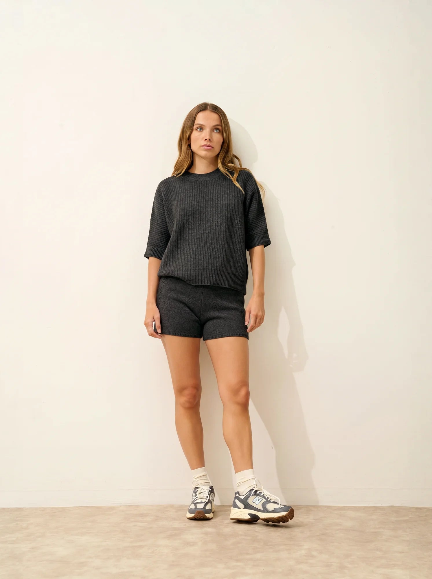 ÉRINA T-Shirt Col Bateau Chauve Souris 4 Fils Anthracite Chiné