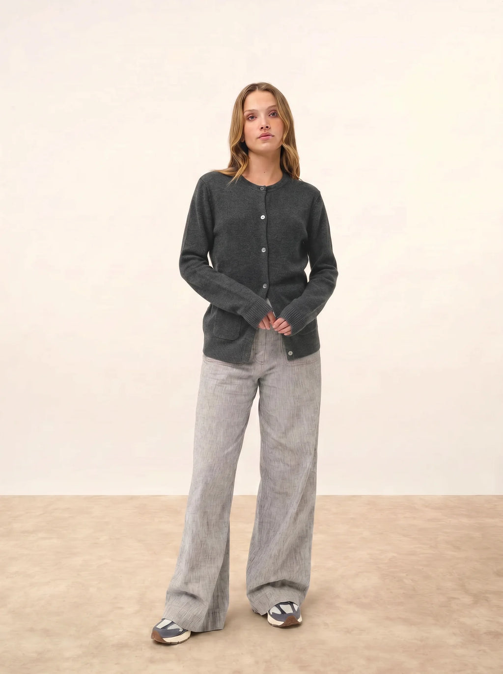 ROSE Cardigan Col Rond 4 Fils Anthracite Chiné