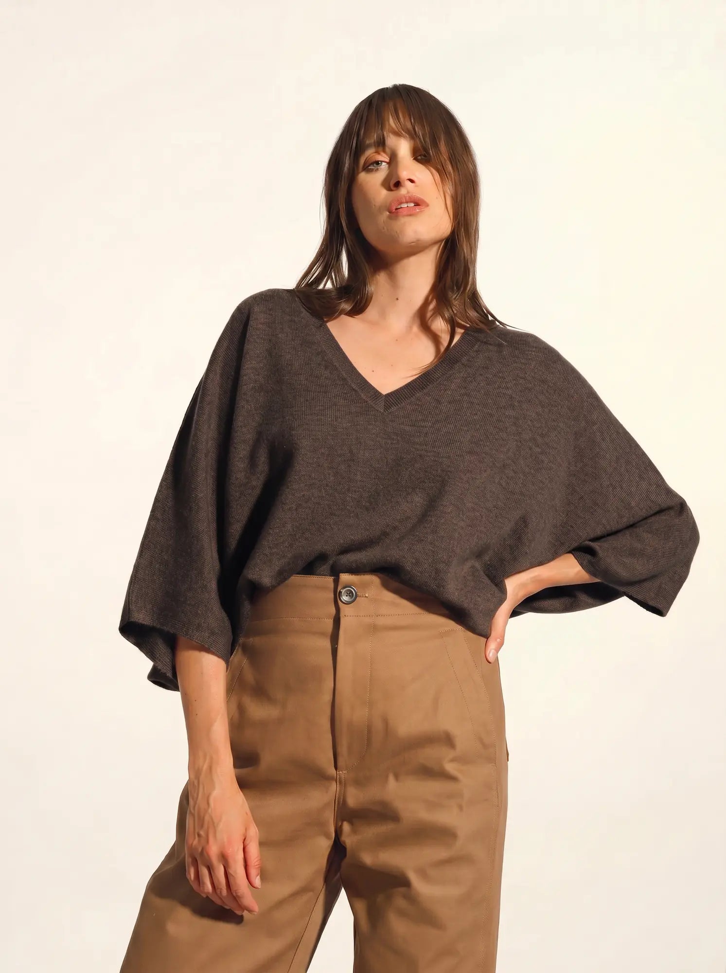 POLO Pull Col V Chauve Souris Taupe Chiné