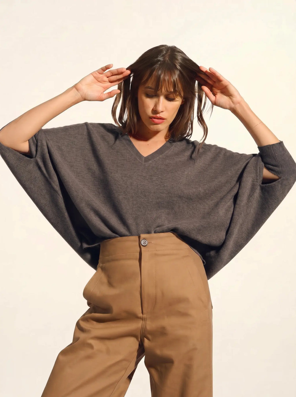 POLO Pull Col V Chauve Souris Taupe Chiné