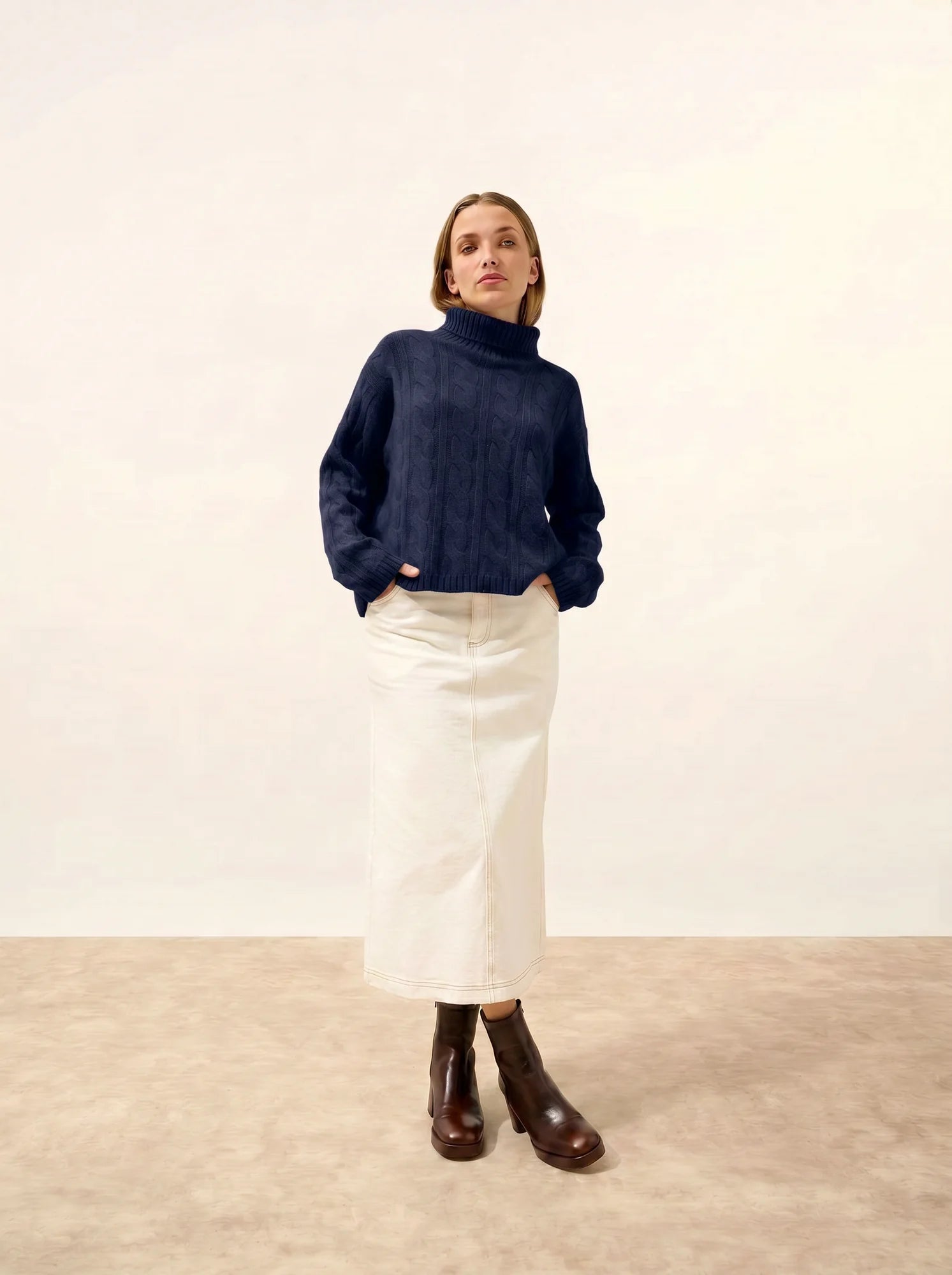 ALESSIA Pull Col Roulé 6 Fils Bleu Marine