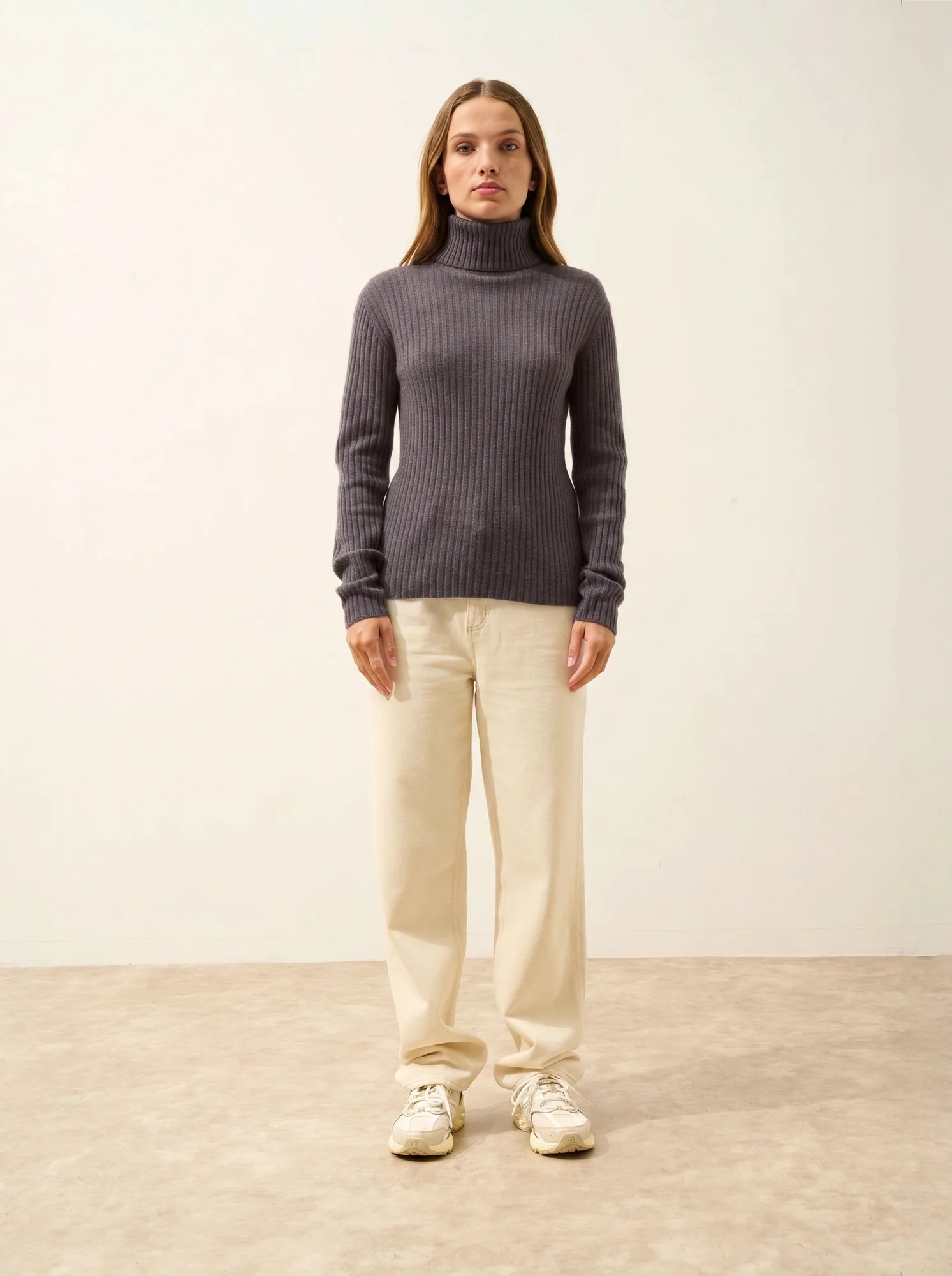 MIRAYA Pull Col Roulé Taupe Chiné