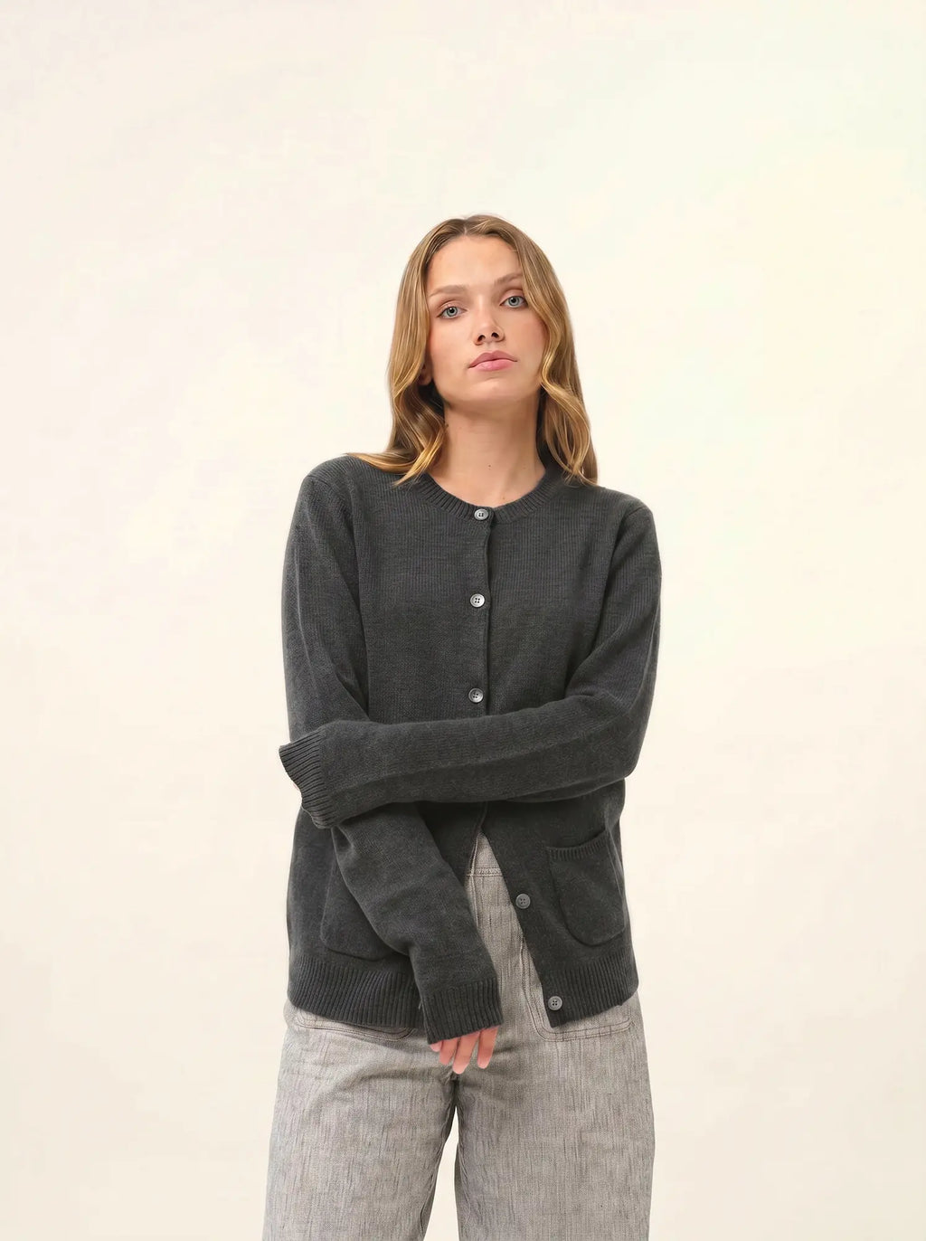 ROSE Cardigan Col Rond 4 Fils Anthracite Chiné